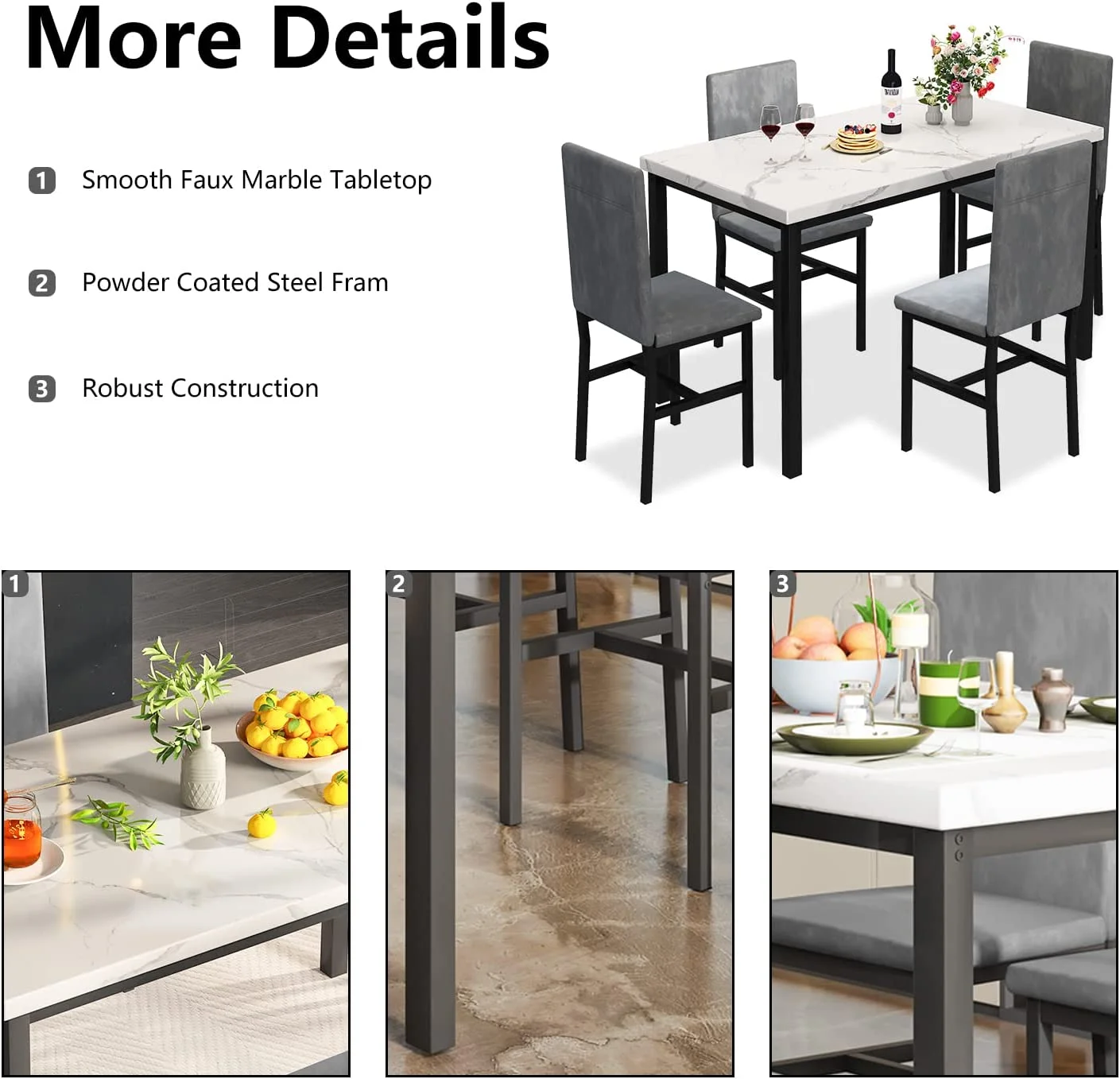 5 Piece Dining Set, Modern Dining Table and Chairs Set for 4, Counter Height Bar Table Set, Modern Pub Table with 4 Velvet Fabric Cushioned Stools, Faux Marble Dining Table & Stools Set, D9297 - Image 6