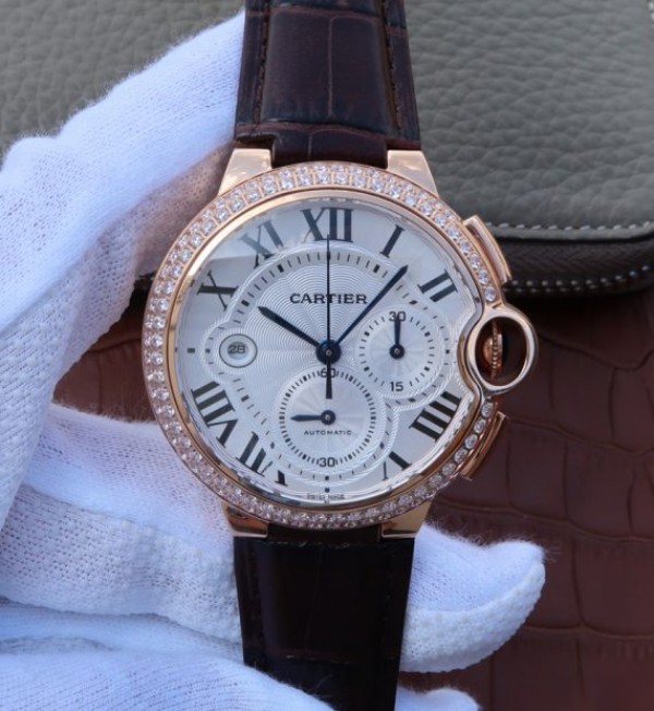 Replica Cartier Ballon Bleu De Cartier Chrono RG White Dial Diamonds Bezel A8101 - Top club
