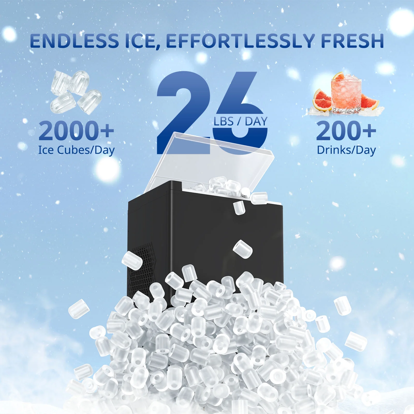 WETIE Countertop Ice Maker, 9 Bullet Ice Cubes in 6 Mins, 2 Ice Sizes, 26 lbs/24H with Removable & Washable Ice Tray & Scoop, with Self-Cleaning Function for Home/Kitchen/Camping/Party