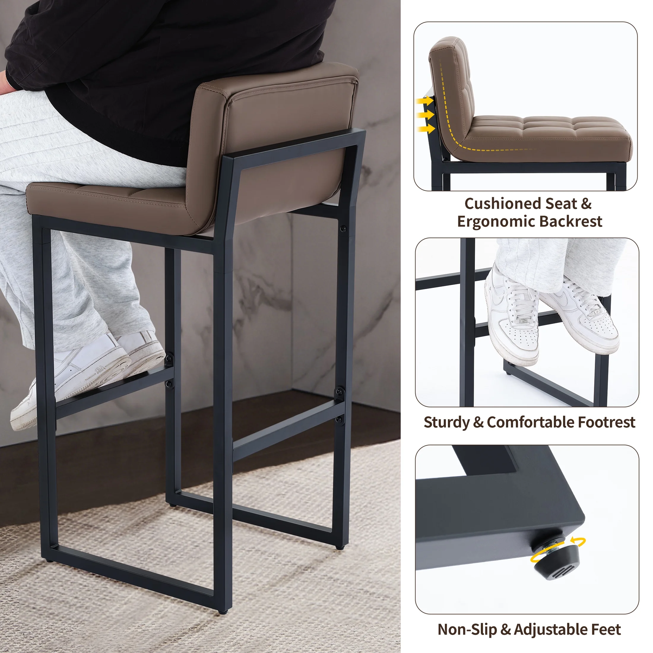 FIRAVOE Bar Stools Set of 3, Counter Height Bar Stools (Low Back)(Thickened Frame) 26" PU Leather Barstools Bar Chairs for Kitchen Island, Black - Image 19