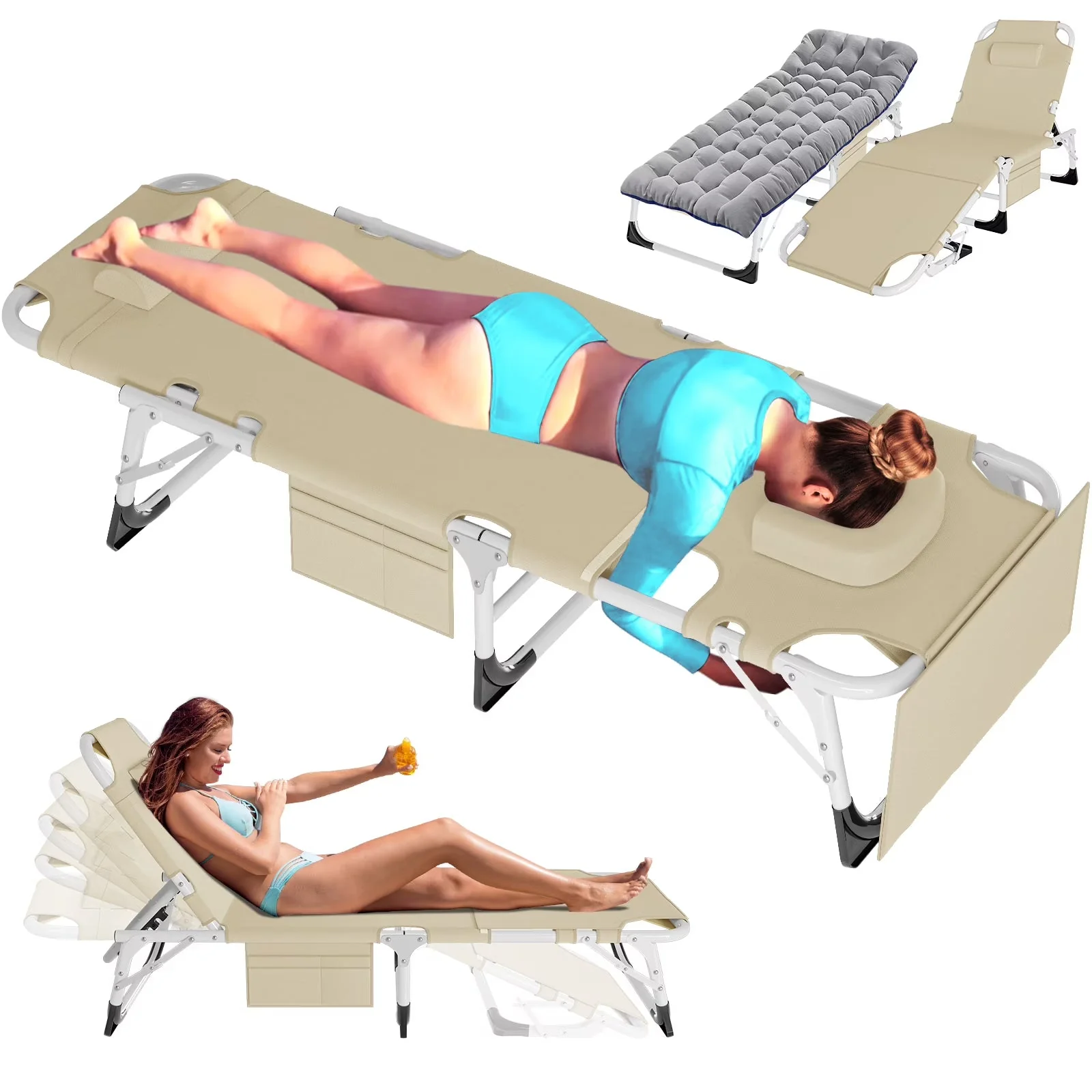 Slsy 5-Position Adjustable Folding Lounge Chair And Cot - 75.2" x 25.6" x 11.8" - Image 8 Slsy 5-Position Adjustable Folding Lounge Chair And Cot - 75.2" x 25.6" x 11.8" - Image 8
