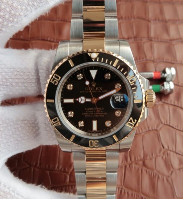 Replica Rolex Submariner 116613 LN Noob Black Dial Diamonds Markers SS/YG Bracelet A3135 - Elite Watch Atelier