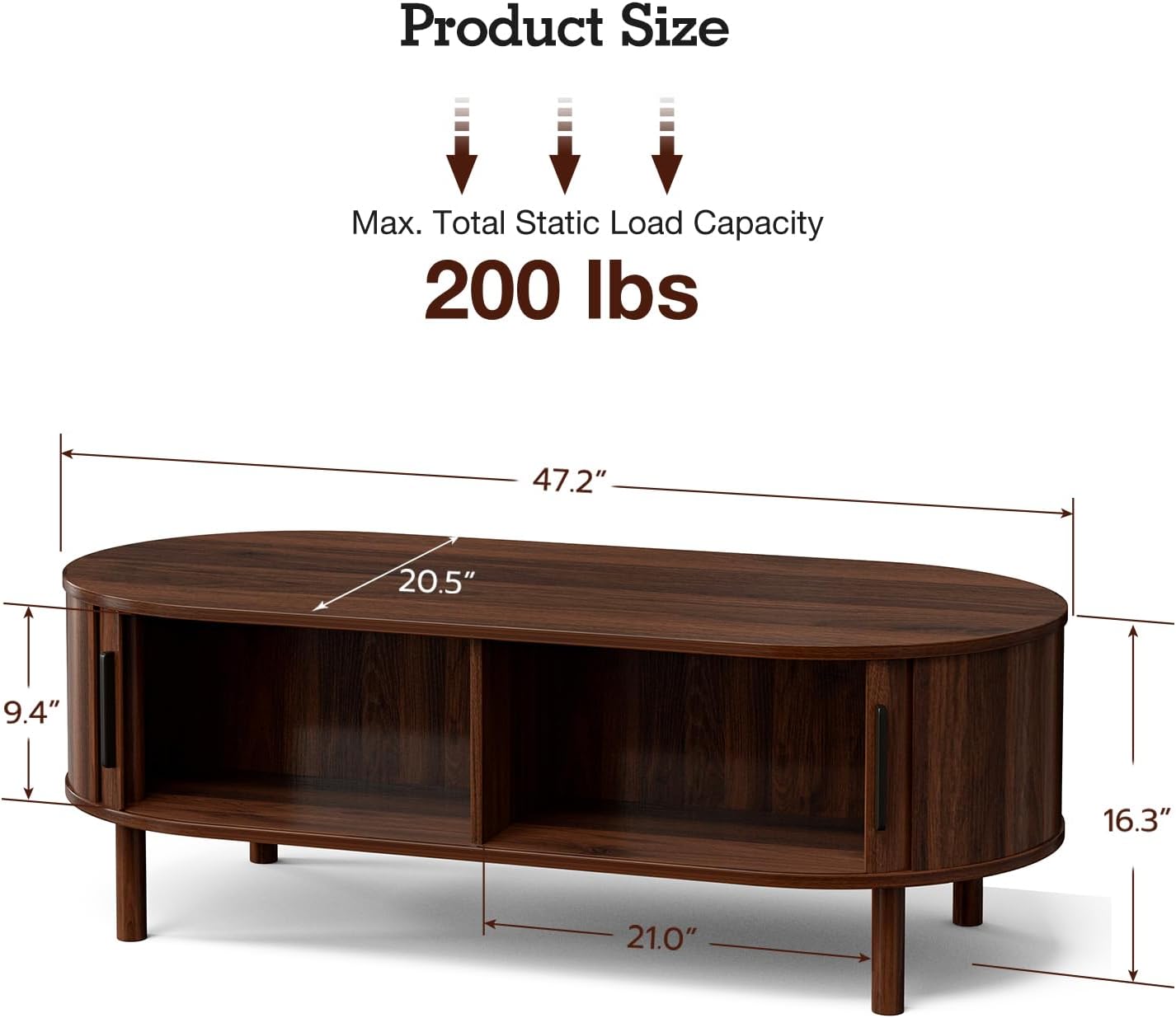 ZttRiee Coffee Table for Living Room, Modern Oval Coffee Table with Cabinets & Sliding Doors, Home Small Space, 47.2