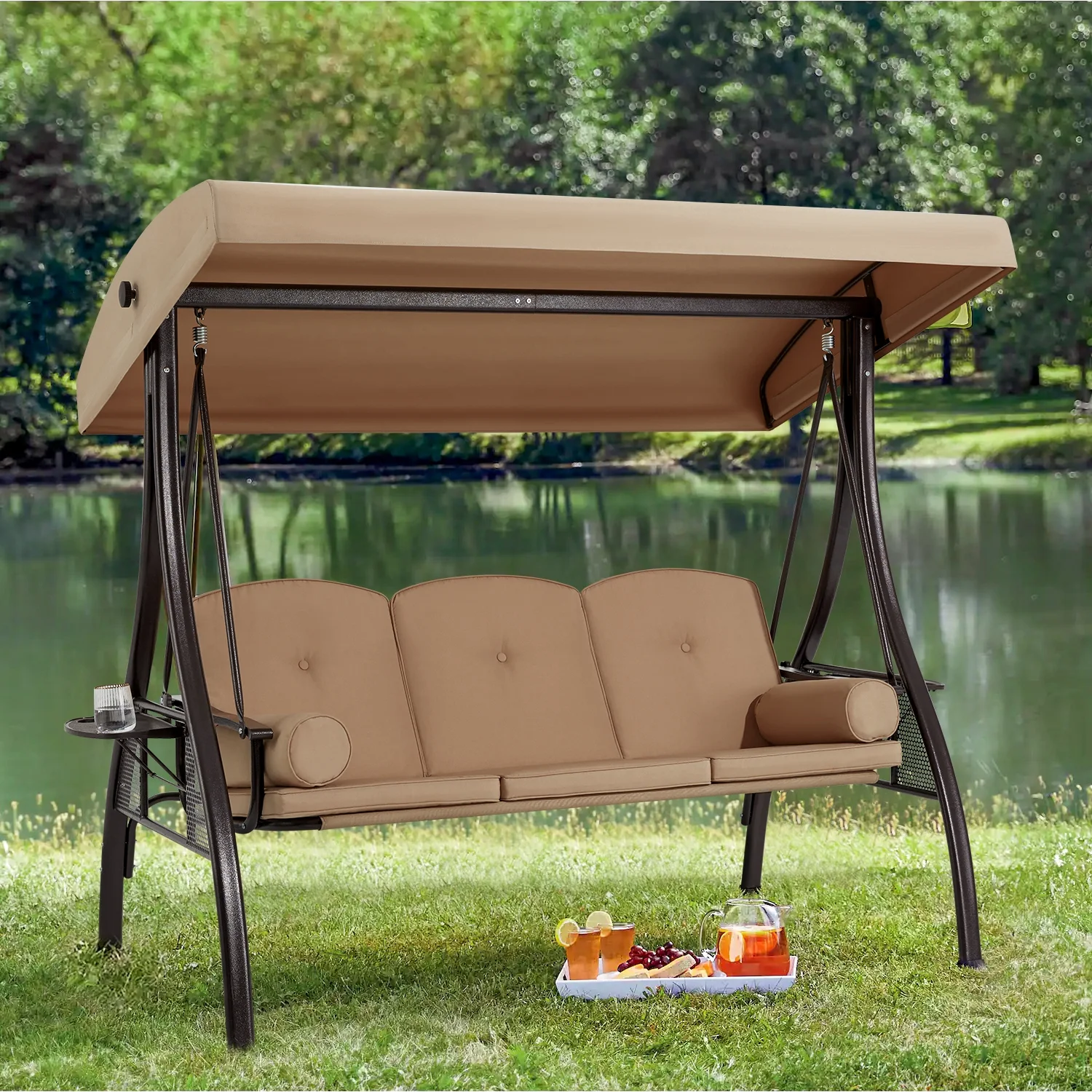 Homrest 3 Person Patio Outdoor Porch Swing with Adjustable Canopy, Backrest, Swing Bed with Stand for Garden,Deck - Image 21