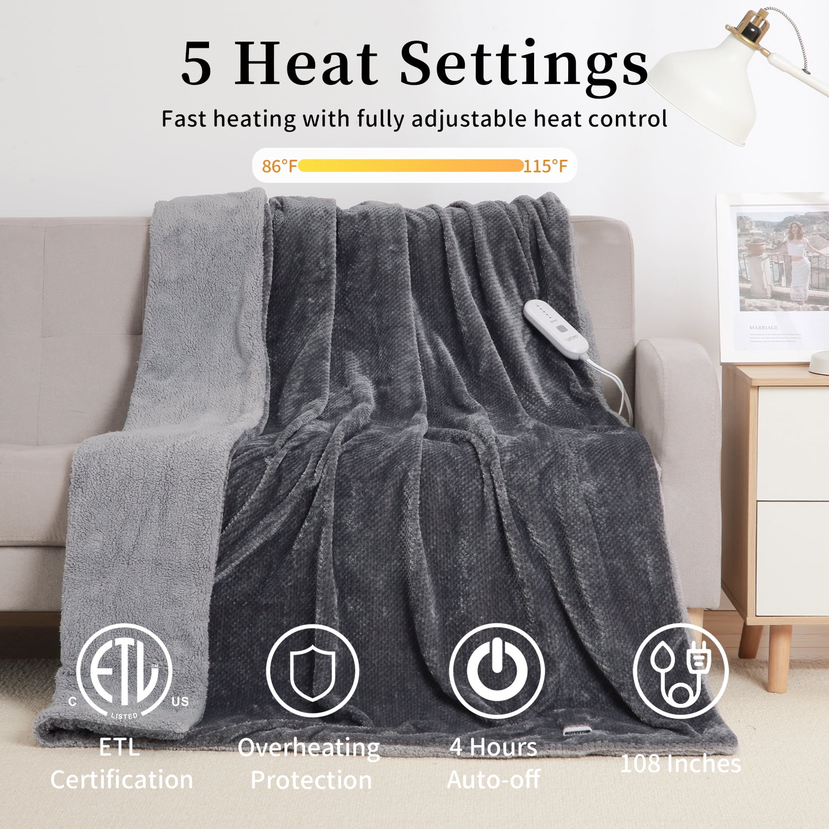 GAOMON Electric Heated Blanket King Size with Dual Control �C Sherpa Throw Blanket with 4 Fast Heating Levels & 10 Hours Auto Off, Machine Washable, ETL Certified, Gray
