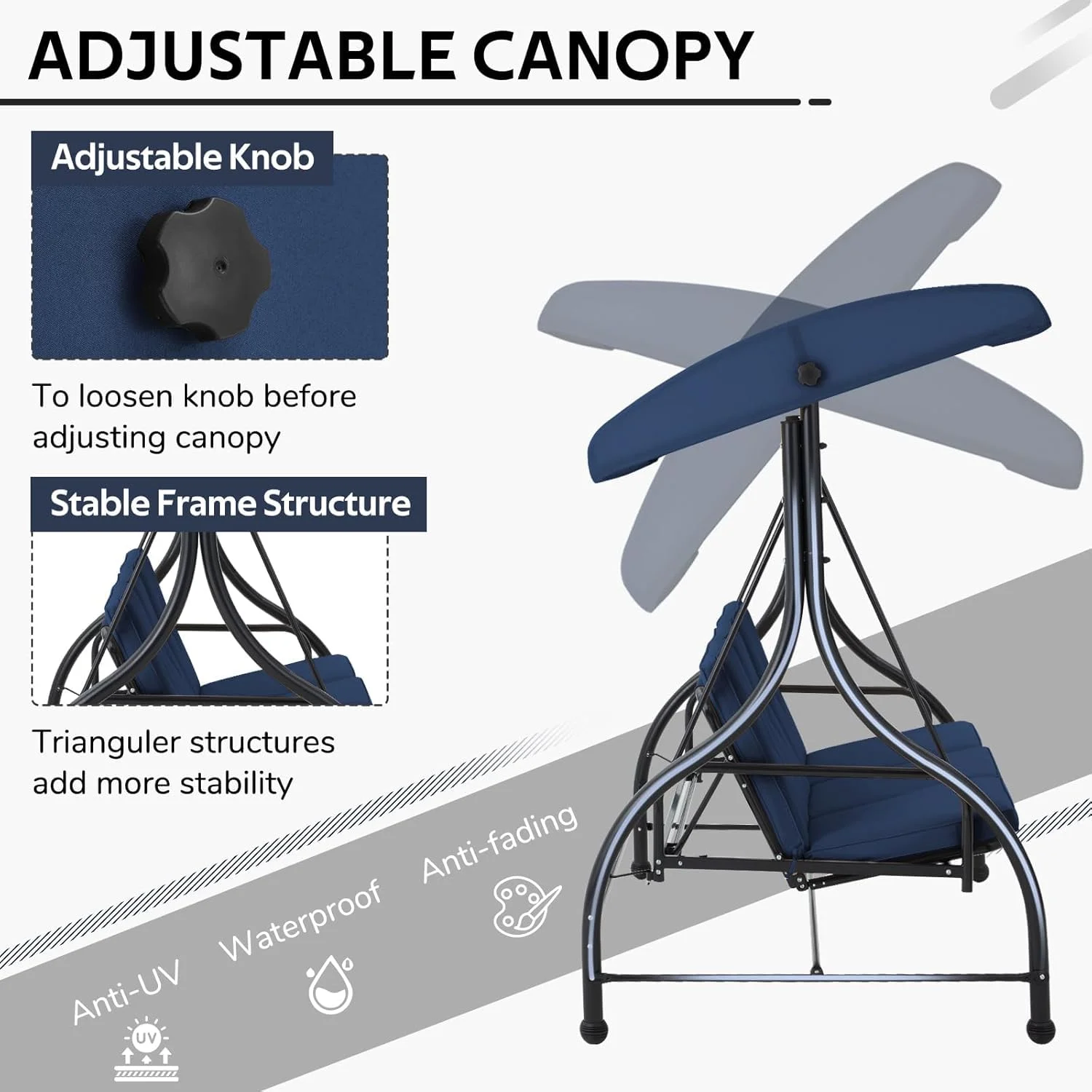 AECOJOY 3 Person Canopy Steel Porch Swing, Converting Swing Glider Hammock-Beige - Image 15