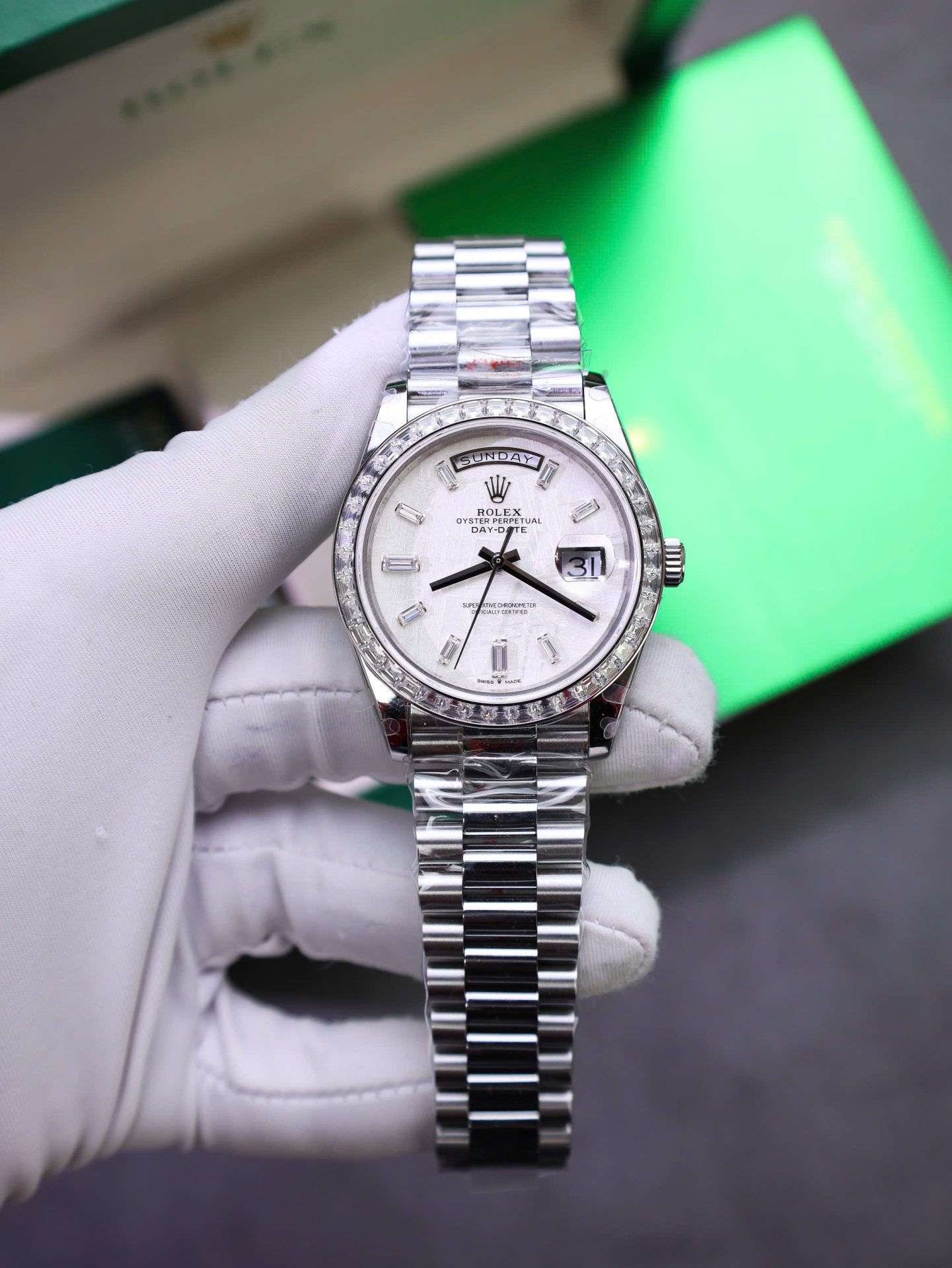 Rolex Day-Date Best Copies Watch Meteorite Wial Custom Diamonds Moissanite Baguette 40mm - Elite Watch Atelier