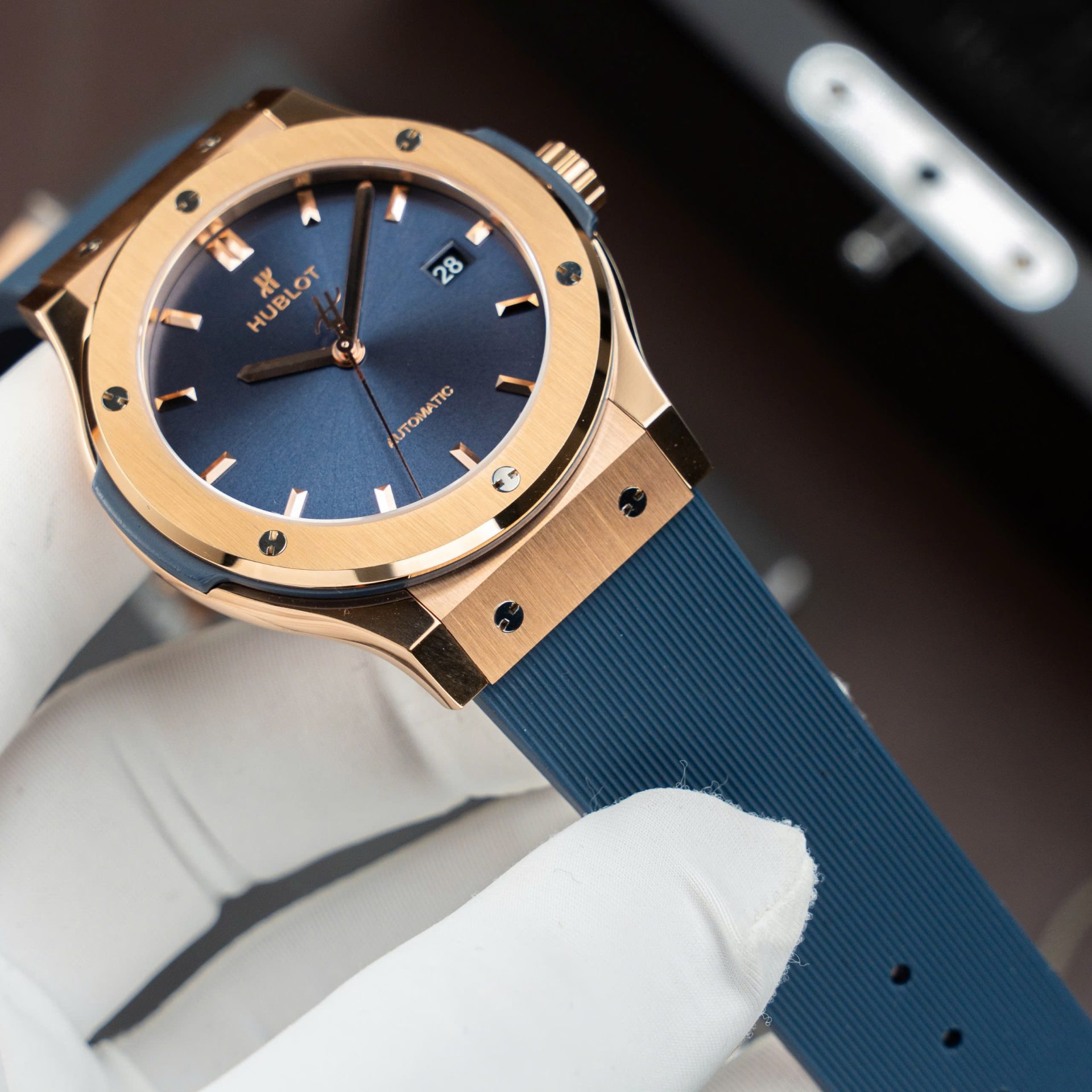Hublot Copies Watches Classic Fusion King Gold Dial Blue Movement SW300 Rubber Strap 42mm - Top club