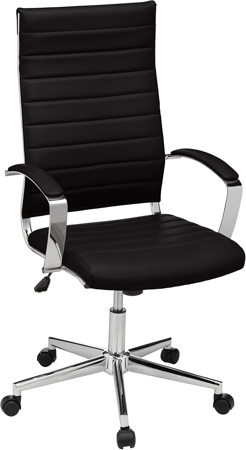 Amazon Basics High-Back Swivel Office Chair with Lumbar Support, Ergonomic Ribbed Faux Leather, Adjustable Height, 45.25