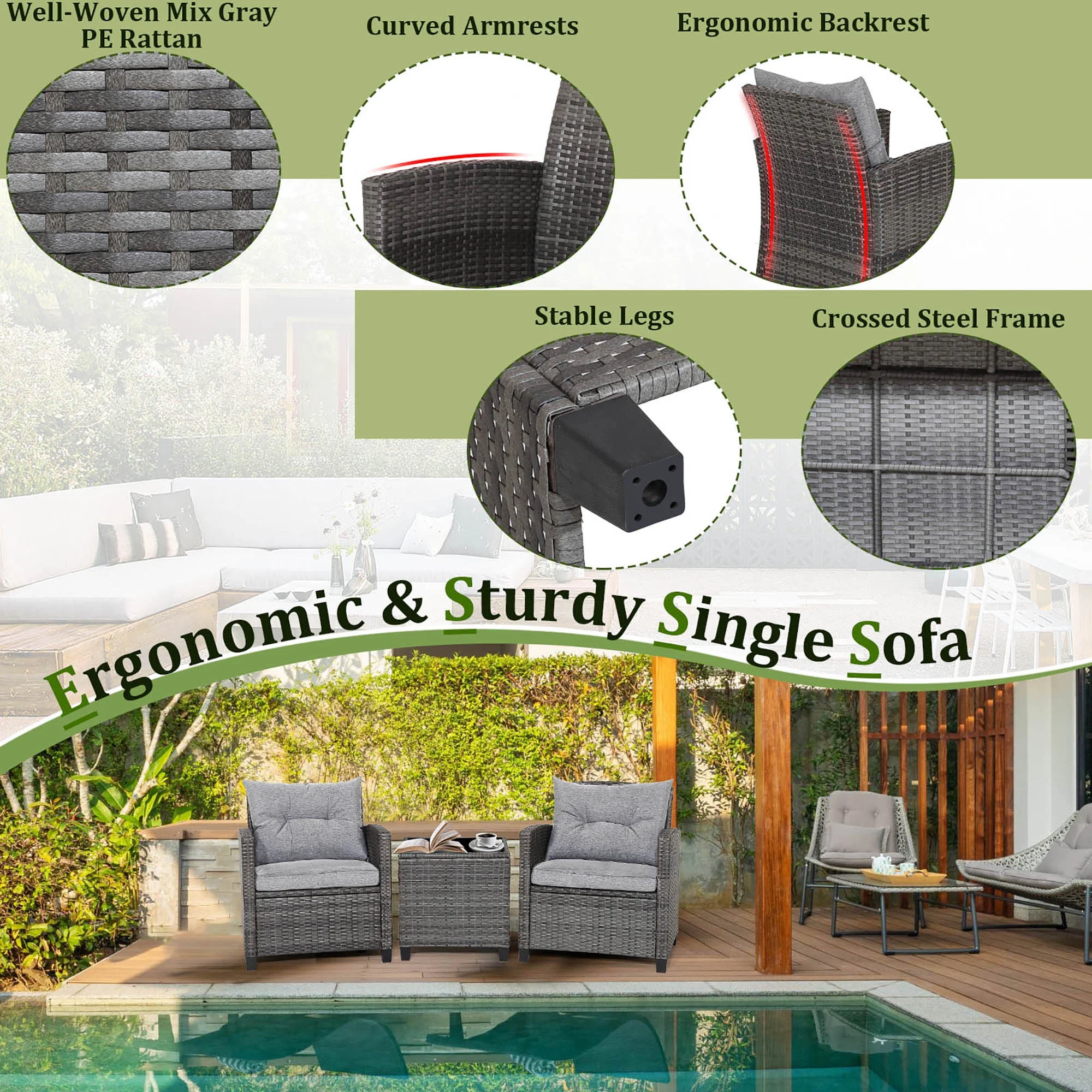 Gymax 3PCS Patio Rattan Sofa Set Outdoor Wicker Conversation Set Glass Tabletop w/ Grey Cushion - Image 6