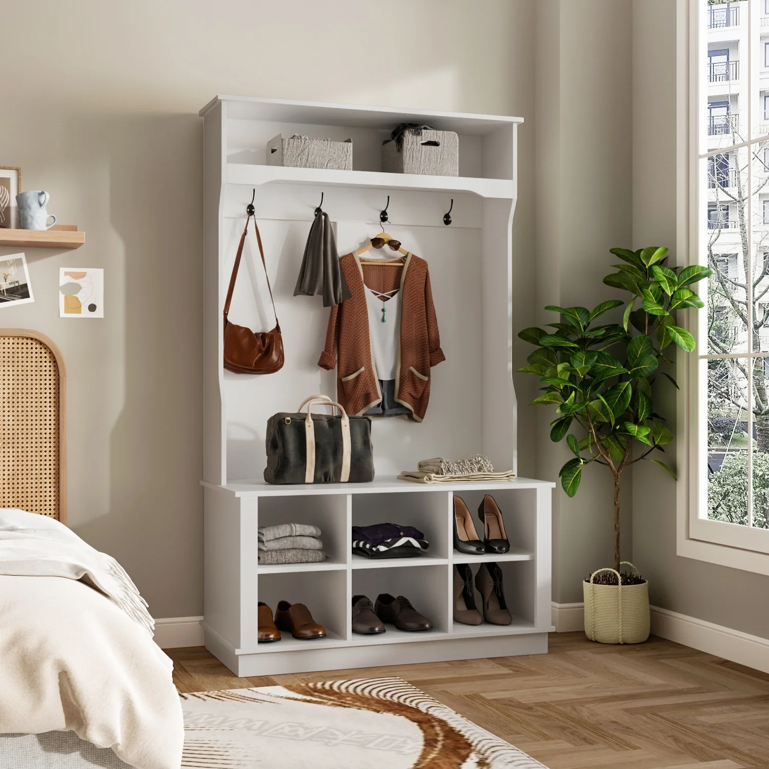 MONSLIPA Hall Tree Storage Bench, Coat Rack with Hook & Cube for Entryway, Mudroom, 67.1