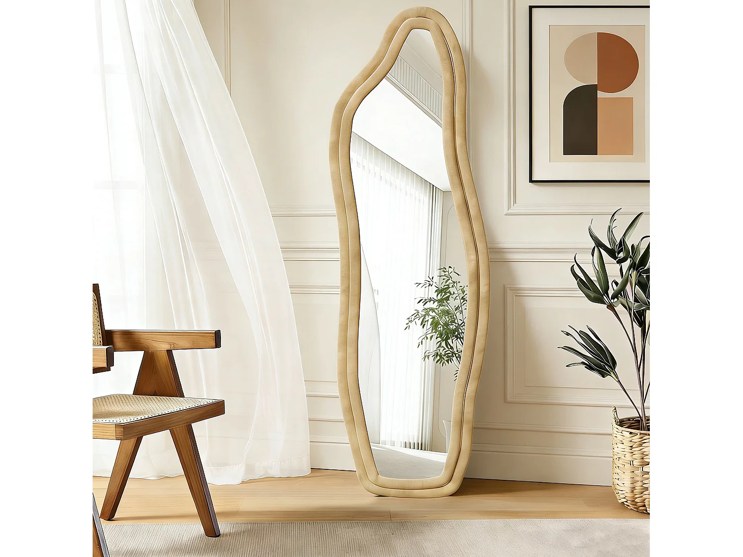 Miroir organique en tissu Velours de cristal, Miroir sur pied, monté au mur, grand miroir debout 160x50 cm, Verre trempé haute définition, jaune