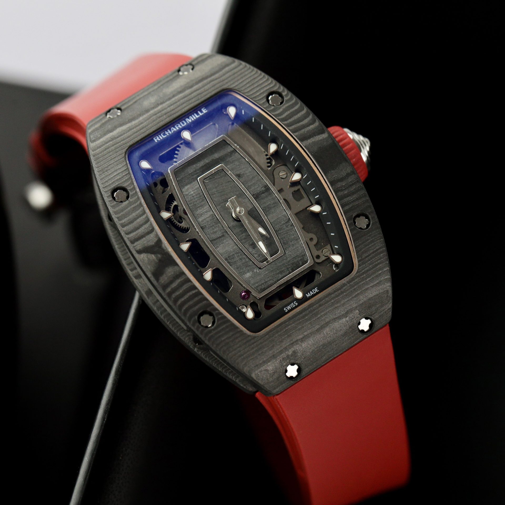 Richard Mille Replica 1:1 Watch RM07 Carbon Black Red Rubber Strap 36mm - Top club