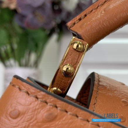 Tan Ostrich Leather Mini Handbag with Pearl Chain Detail1:1High-quality replica