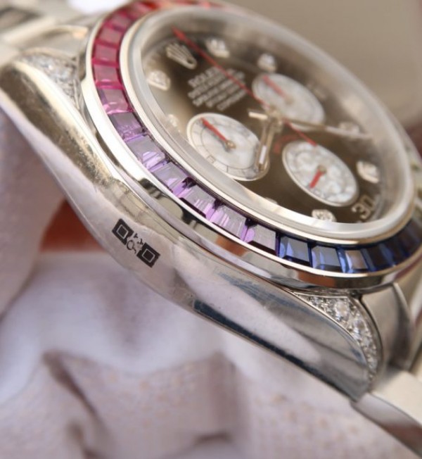 Replica Rolex Daytona 116599 Colorful Crystal Bezel Black Dial SS Bracelet A7750 - Elite Watch Atelier