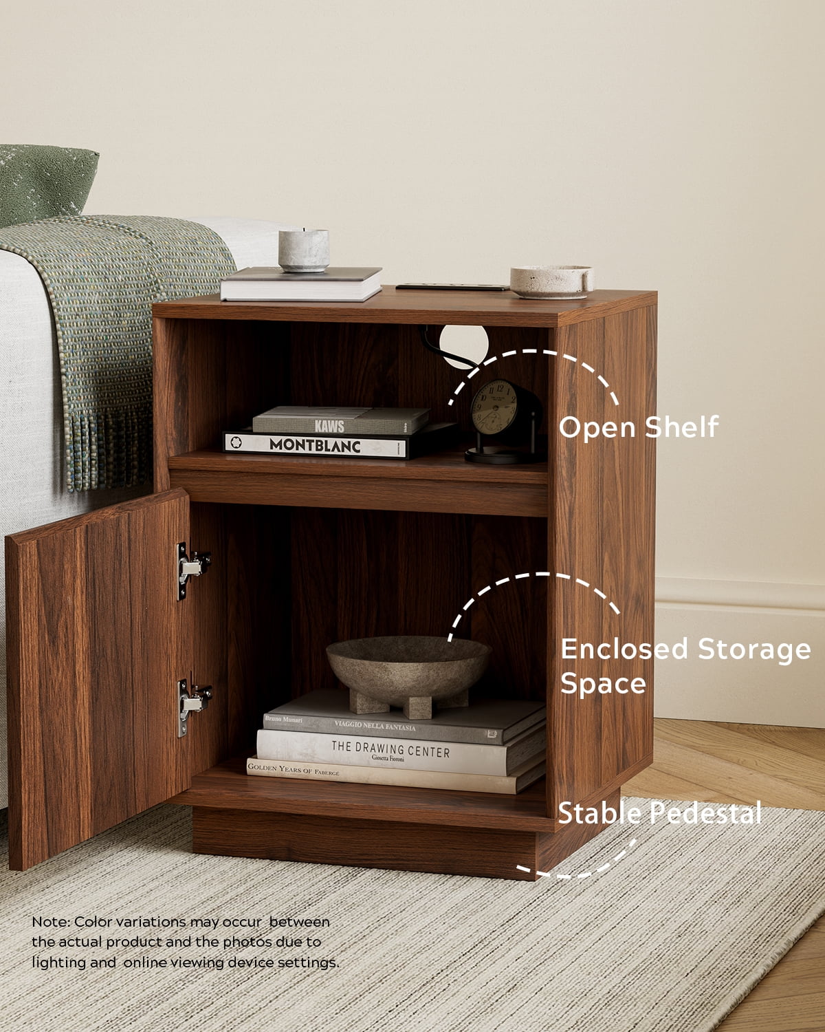EYYTHUNG Farmhouse End Table with Charging Station, Modern Nightstands with Handless Design Bedside Tables, Brown