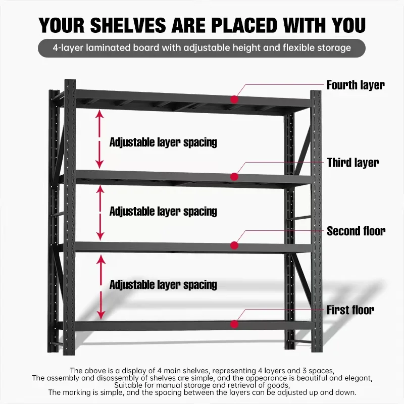4-Tier Industrial Shelving Unit, Black Steel Construction