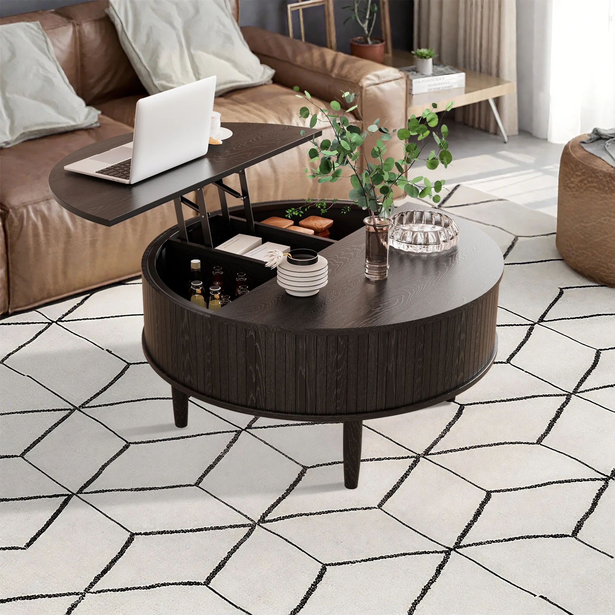 Oubayajia Round Coffee Table, Small Fluted Lift Top Center Table for Home Living Room Office, Walnut - Image 10