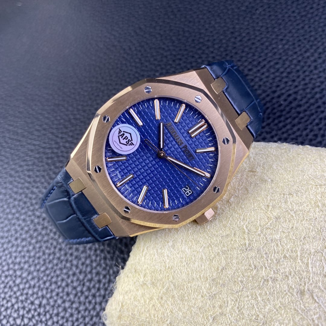 Audemars Piguet Replica AP Watch Royal Oak Selfwinding ��50th Anniversary�� 41mm Rose Gold Blue Dial Leather Strap 15510OR.OO.D315CR.01-APS(1:1 replica) - Top club