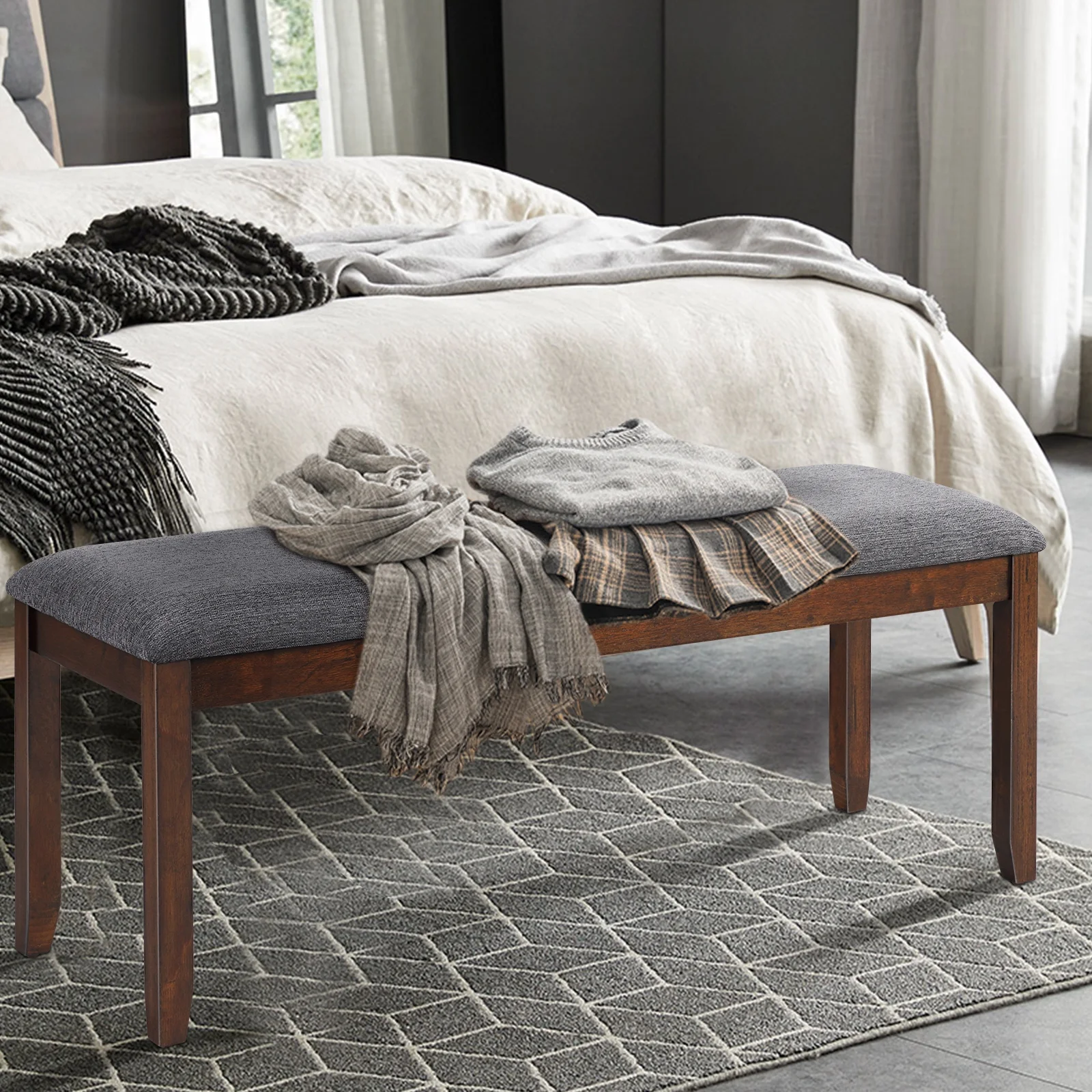 Topbuy Set of 2 Bench Seat Upholstered Dining Bench with Wood Legs for Bedroom/Living Room/Entryway