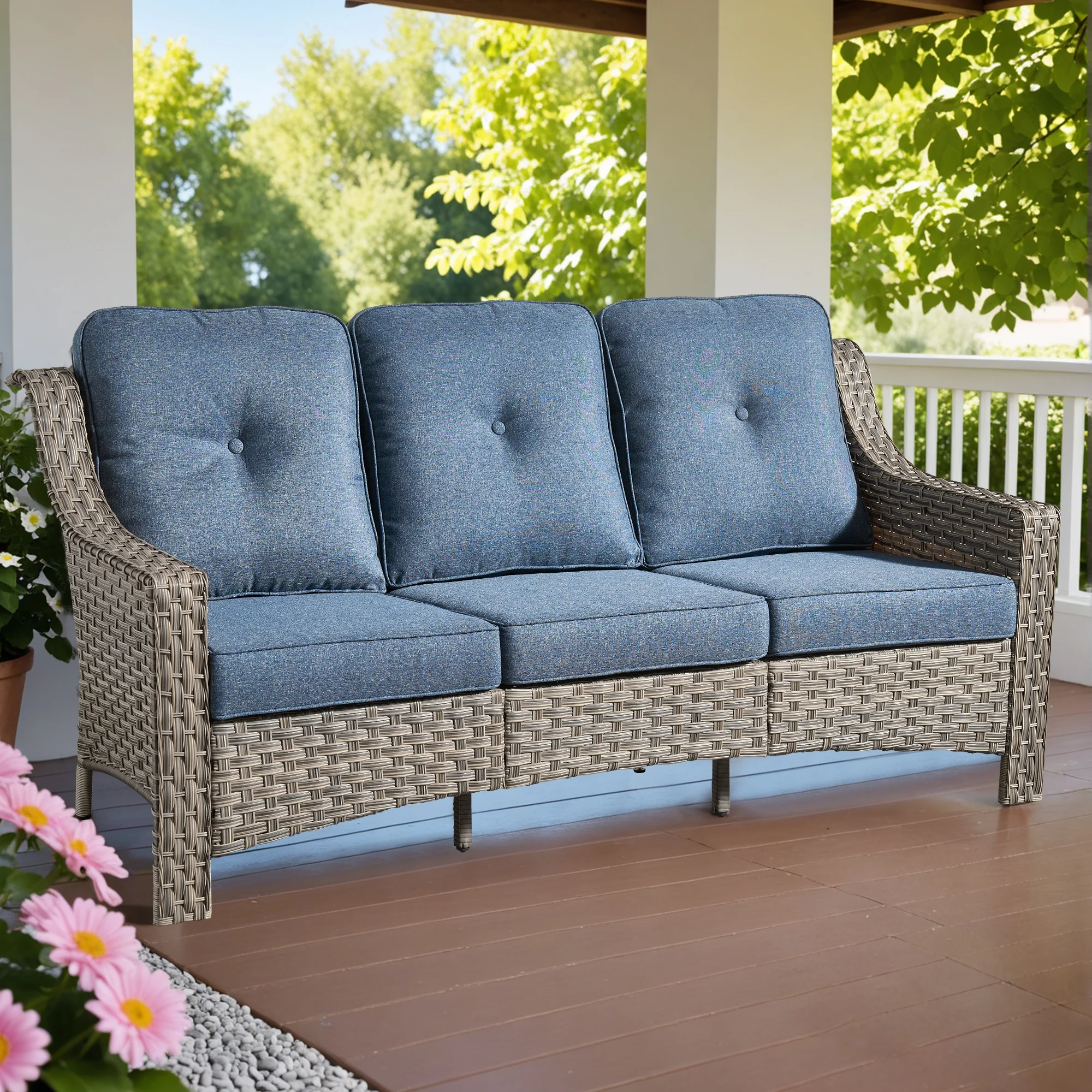 Ovios Outdoor Patio Sofa 3-Seater with Cushions All-Weather Wicker Rattan Couch for Garden, Porch, or Backyard - Image 35