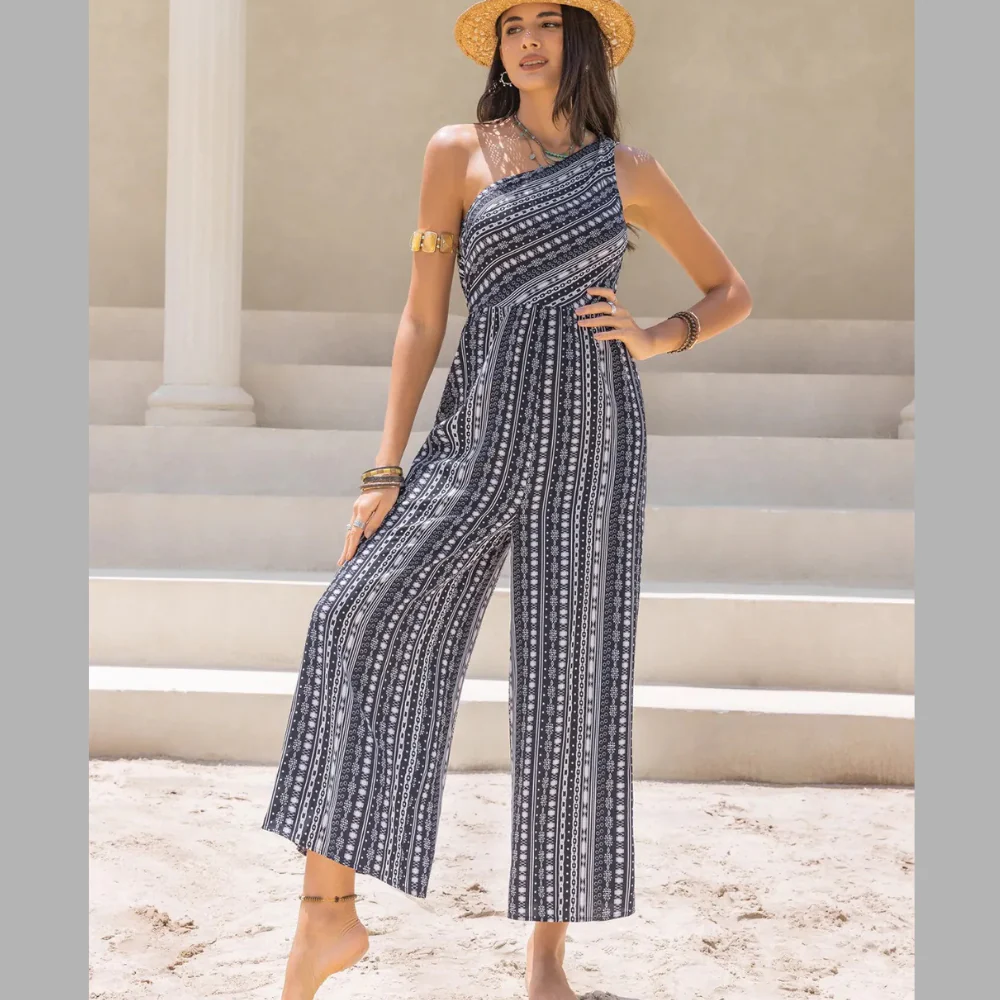 Printed Single Shoulder Sleeveless Jumpsuit - ZKZOOK