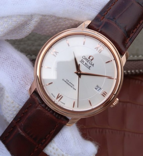 Replica Omega V6 De Ville 37mm RG White Dial RG Markers Leather Strap A2892 - Elite Watch Atelier