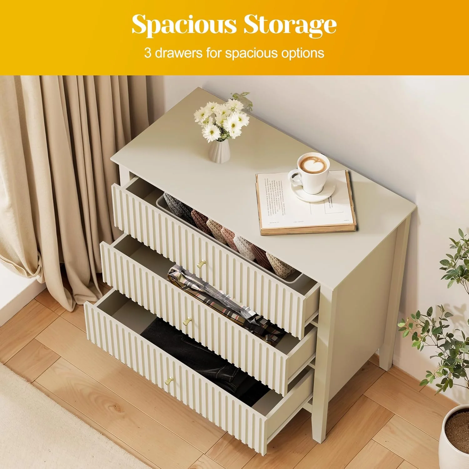 May Color Large White 3 Drawer Dresser Set of 2 with Fluted Panel, Modern Chest of Drawers with Silent Slide Drawers, Wood Accent Nightstand with Storage for Bedroom Living Room, Hallway - Image 82