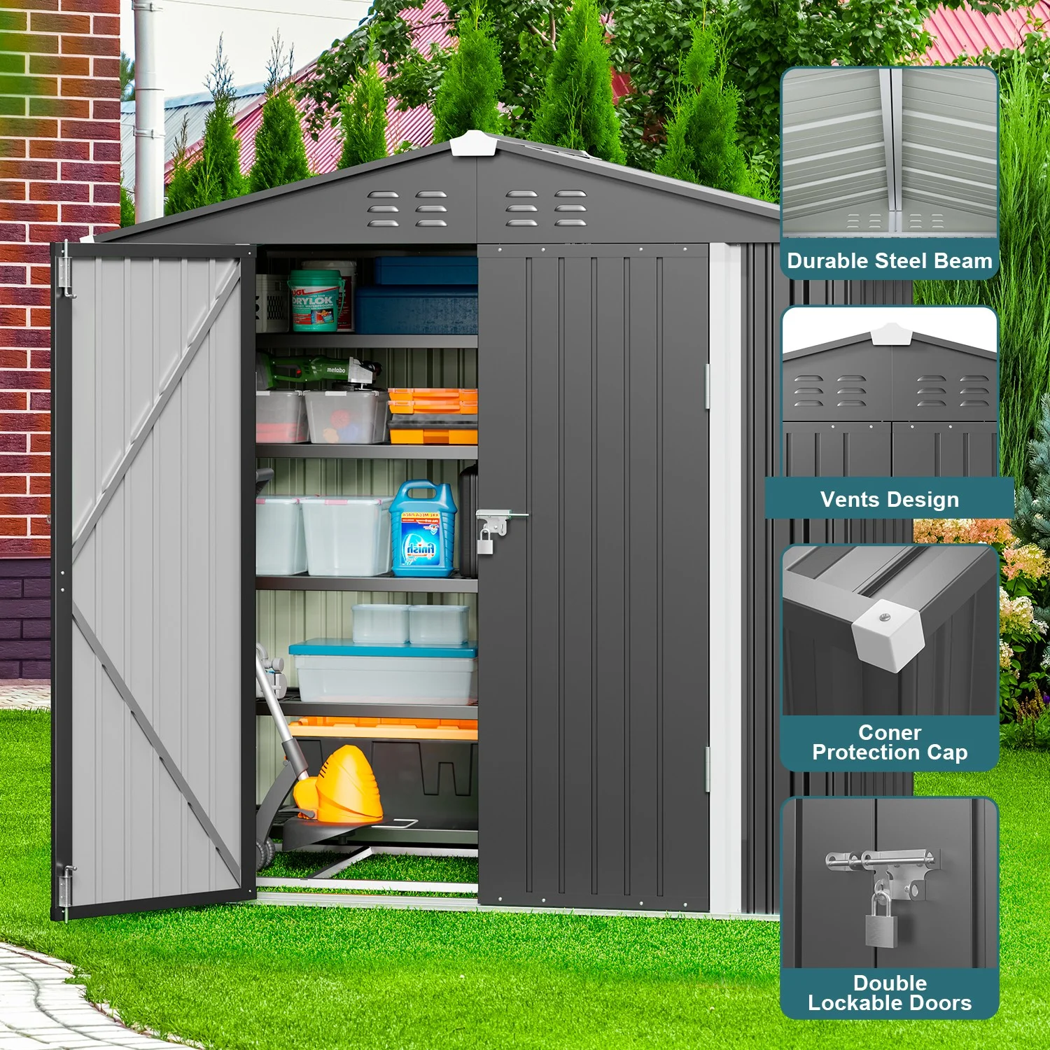 5'x3' Outdoor Storage Shed, Lofka Metal Storage Tool Shed with Single Lockable Door, for Bike| Garden Tools| Patio, Grey - Image 32