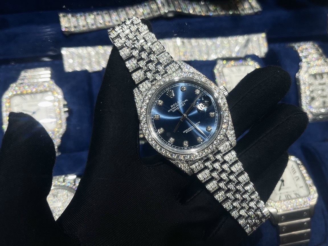 Rolex Best Replica Watch DateJust Dial Blue Custom Full Diamonds Moissanite 41mm - Elite Watch Atelier