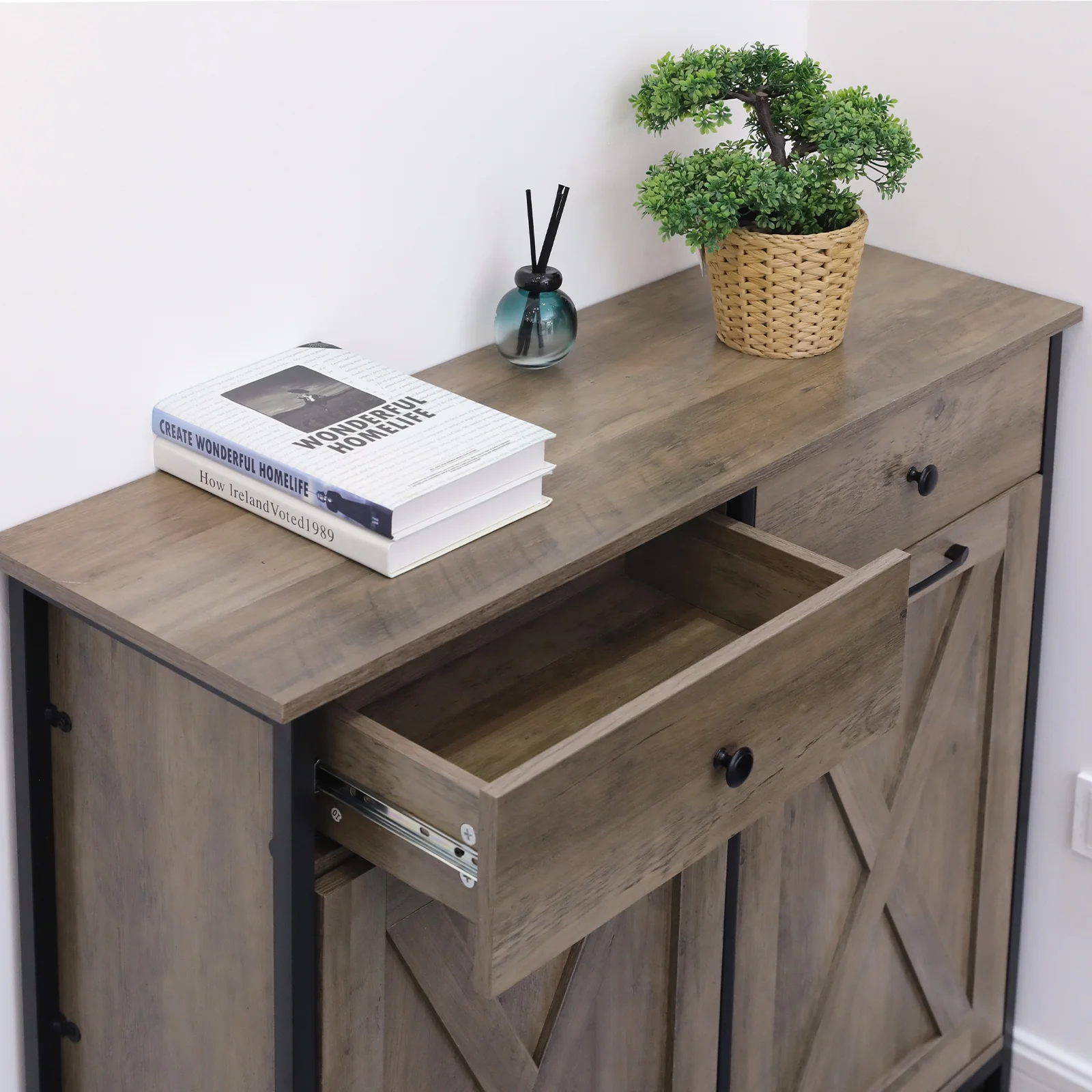 Pirecart 20 Gallon Double Tilt Out Trash Cabinet Wood Hidden Storage Cabinet, Recycling Cabinet with 2 Drawers, Black - Image 12