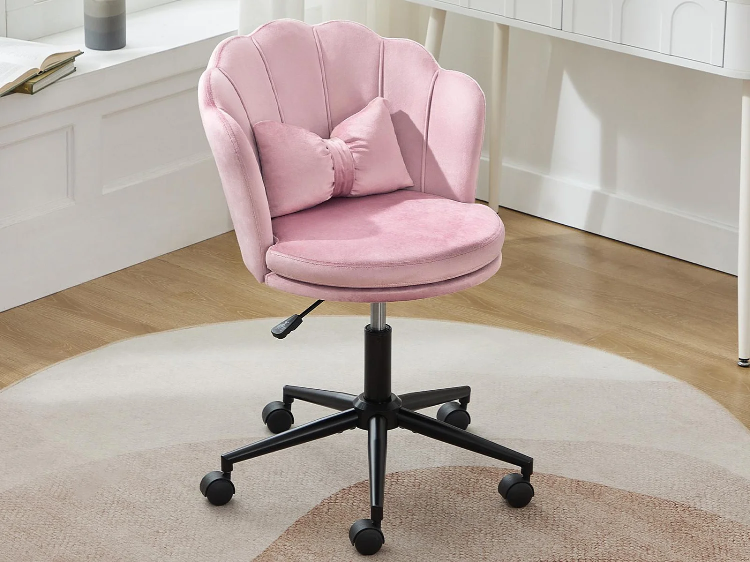 Chaise simple - dossier en forme de pétale + coussin lombaire en forme de papillon - réglable en hauteur - coussin d'assise moelleux - rose