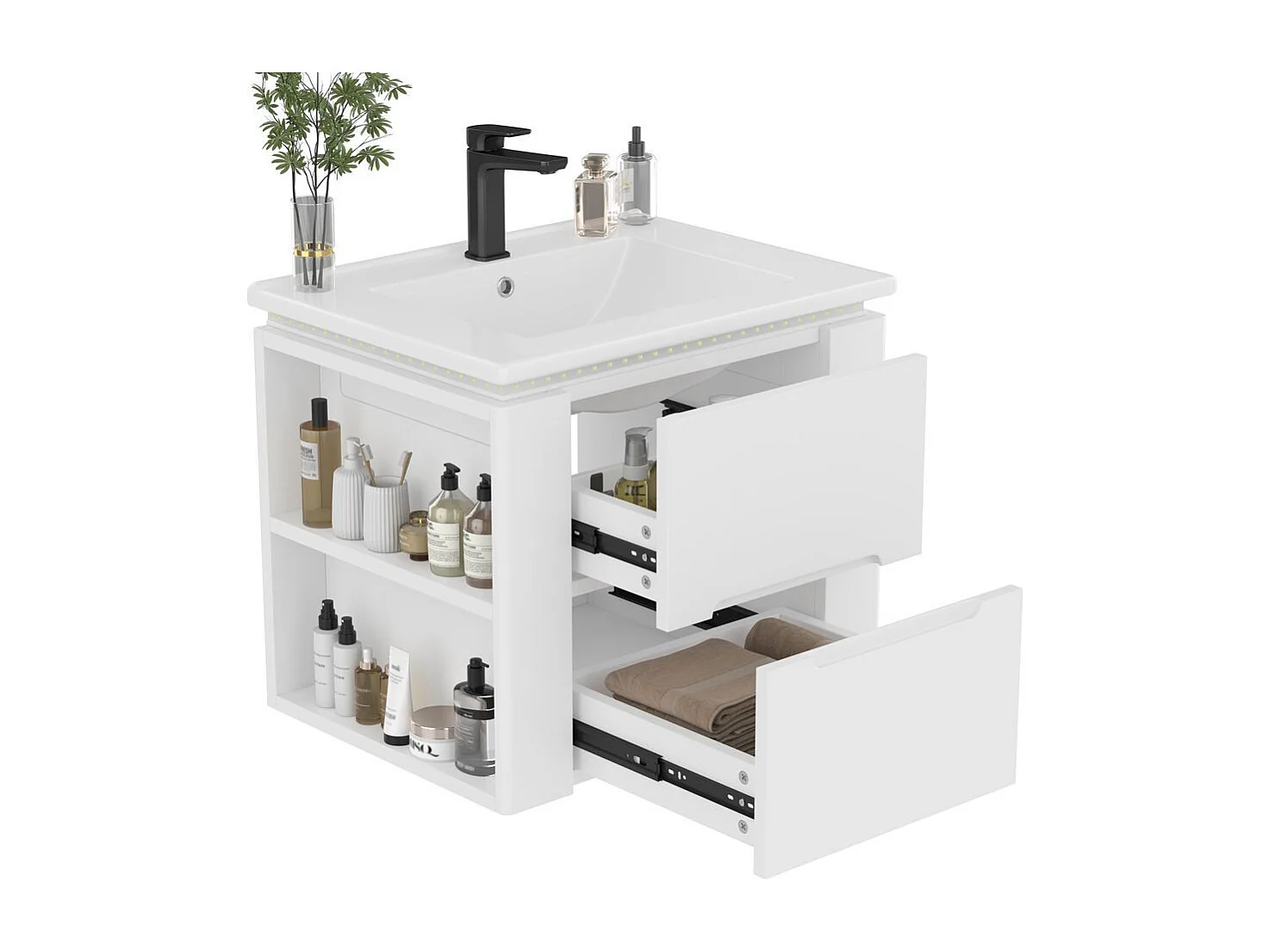 Armoire salle de bain suspendue laquee eclairage LED detection radar deux tiroirs silencieux deux tablettes laterales lavabo integre blanc