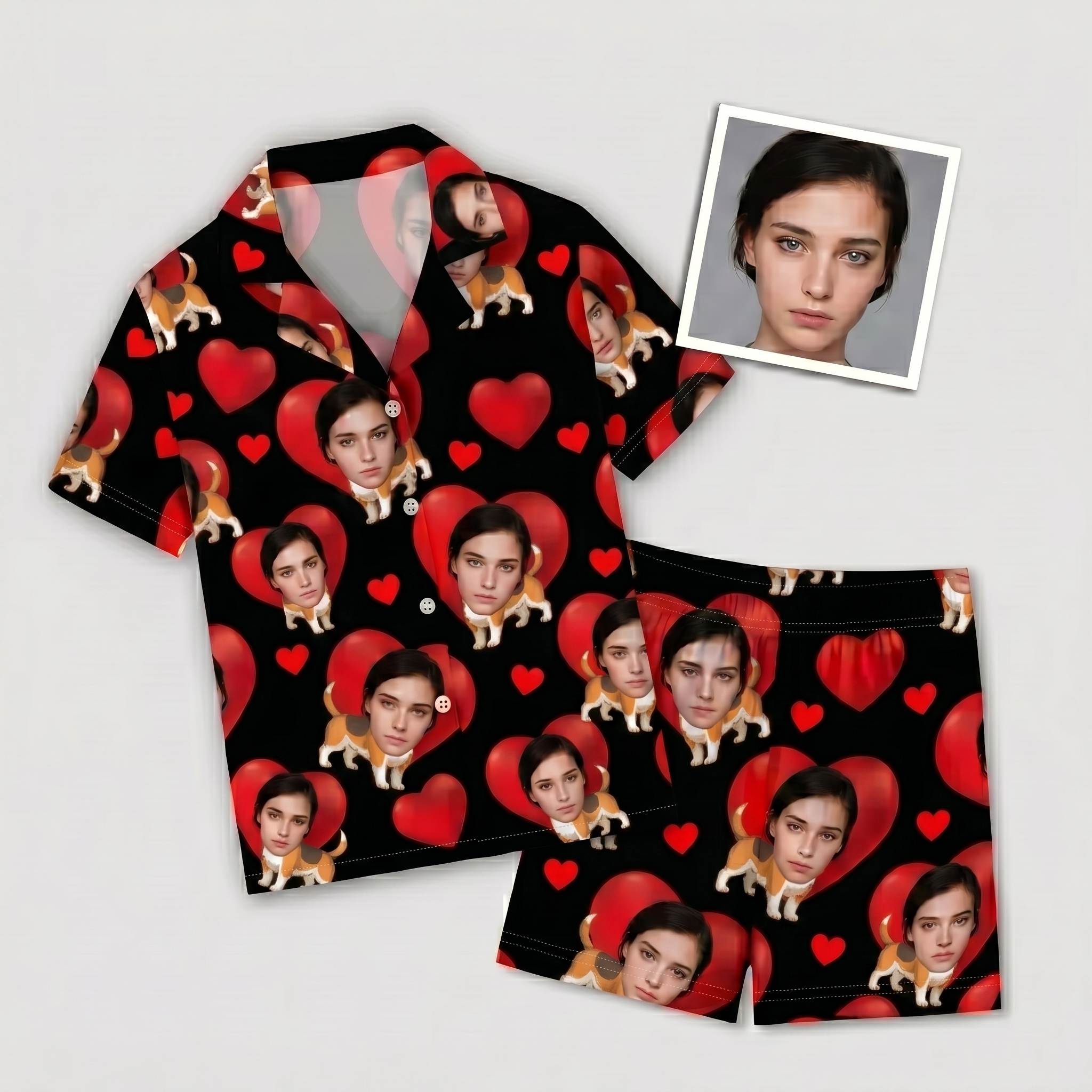 Flat lay of a custom photo pajama shirt and shorts set with personalized face, dog, and heart design