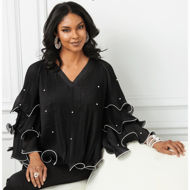 Mia Ruffled Blouse with Tiered  Statement Sleeves and Faux-Pearl Accents - MIDNIGHT VELVET CATALOG
