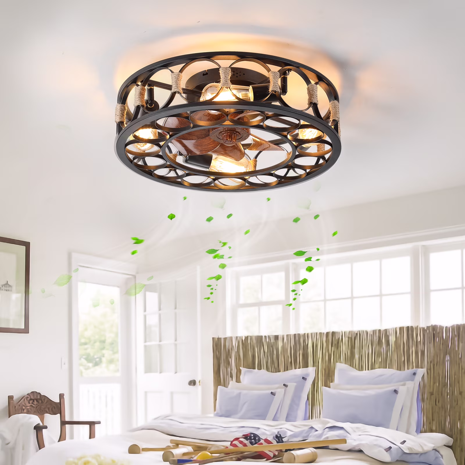 Caged Ceiling Fans with Lights, Flush Mount Ceiling Fan with Remote, Low Profile Bladeless Ceiling Fan,6 Speeds Reversible Blades,LED Bulbs Included For Living Room