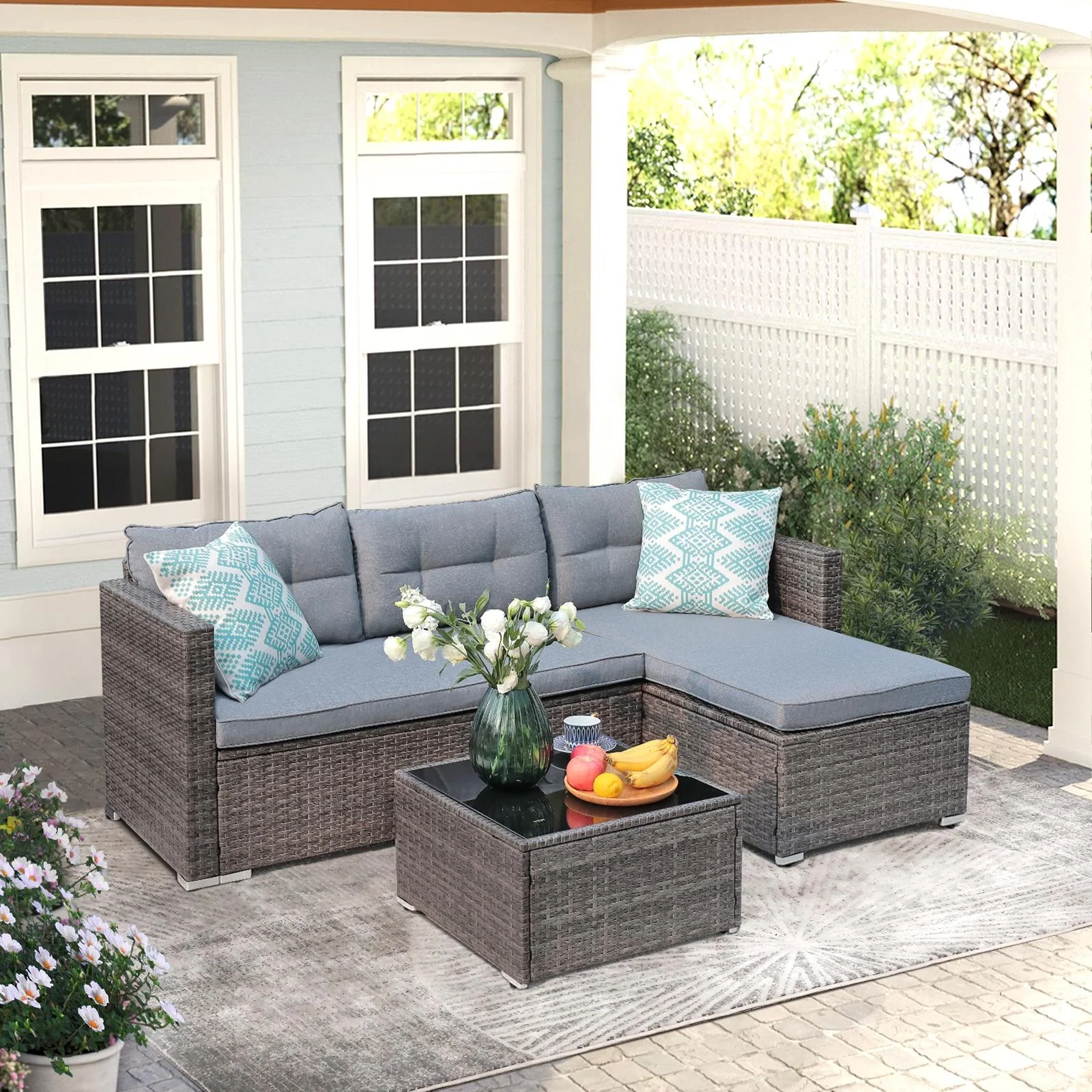 JOIVI 3 Pieces Patio Conversation Set, PE Wicker Rattan Outdoor Furniture Set, 2 Ways Small Sectional Sofa, Tempered Glass Coffee Table, Silver-Gray - Image 6