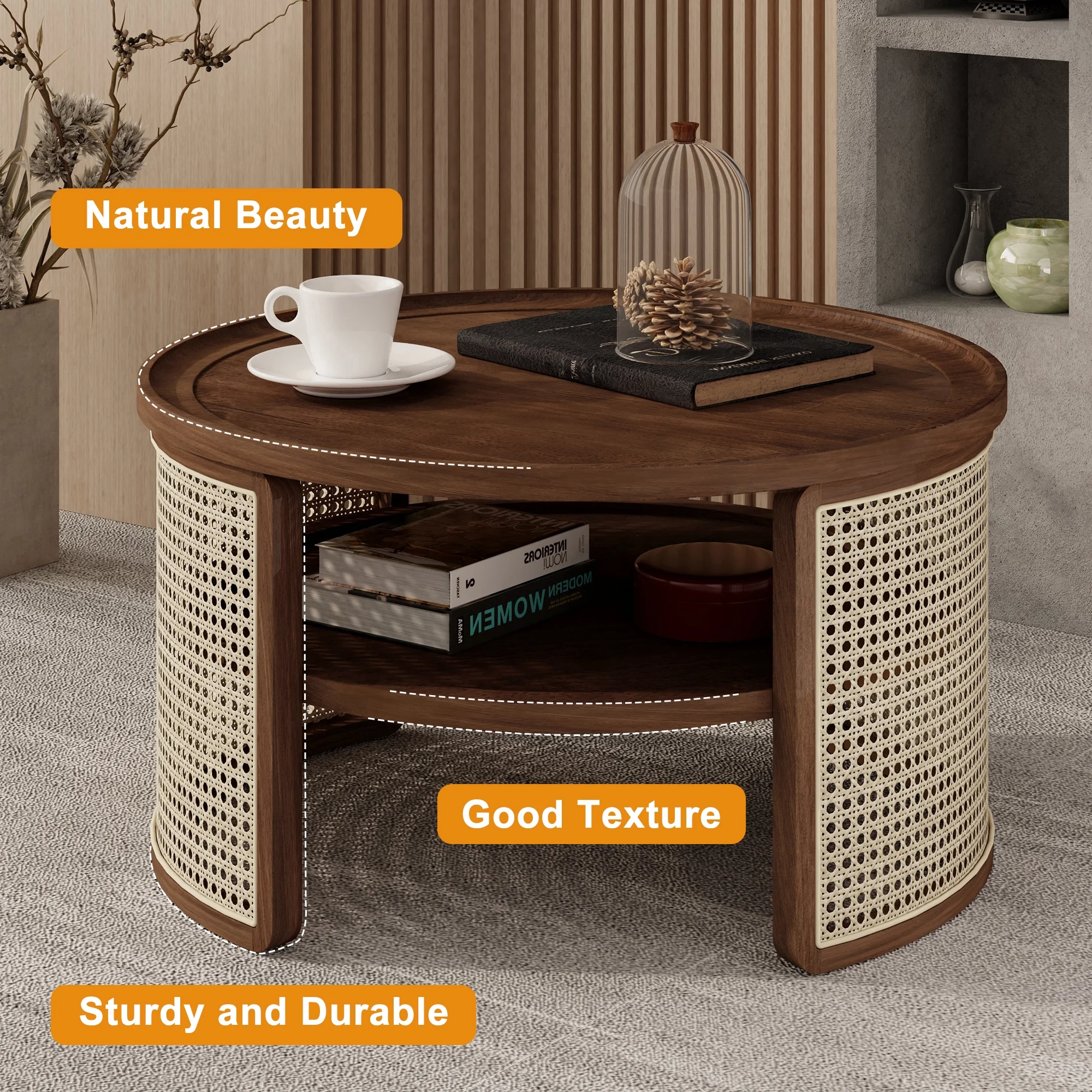 Harper & Bright Designs Rattan Round Coffee Table with Storage Shelf, Round Cane Wood Center Table for Living Room, 37'' Brown - Image 28