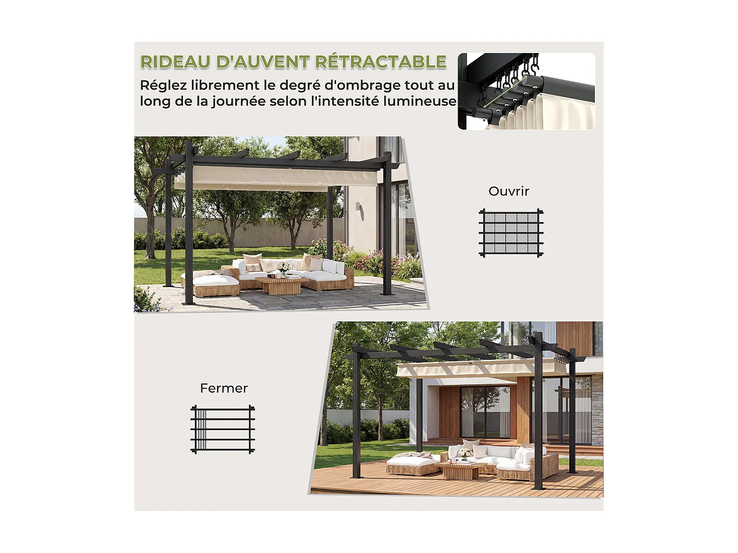 DEVOKE® Pergola Jardin 3x4m avec Toit Ouvrant Réglable à Fermeture Magnétique | Structure Aluminium Stable avec Fixations Vis d'Expansion + Tiges de Sol, Beige