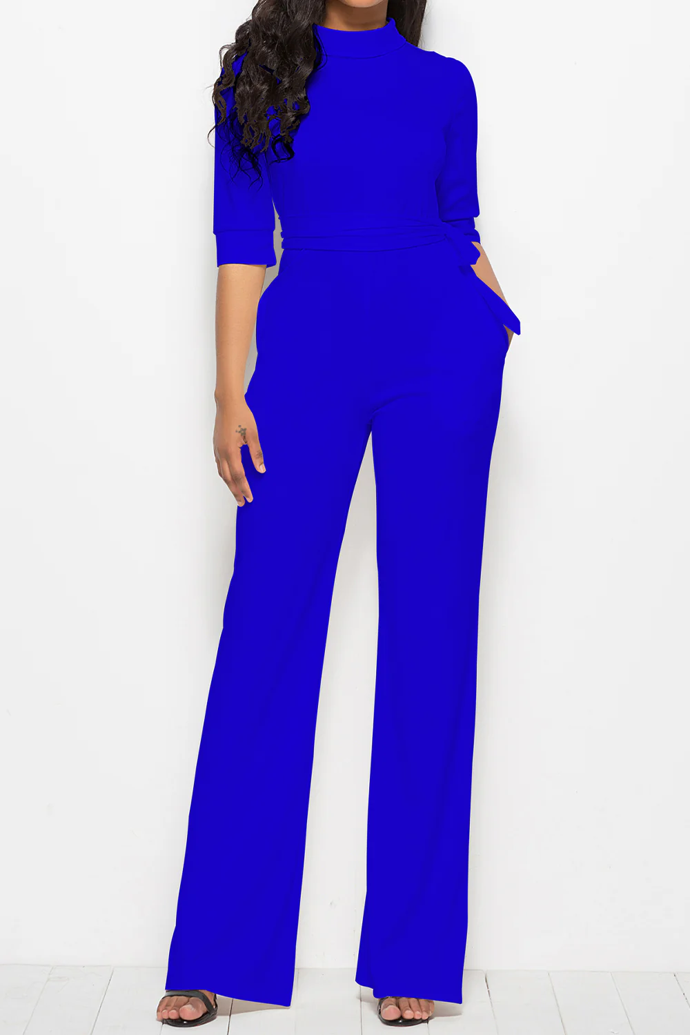 Mock Neck Tie-Waist Half Sleeve Jumpsuit - ZKZOOK