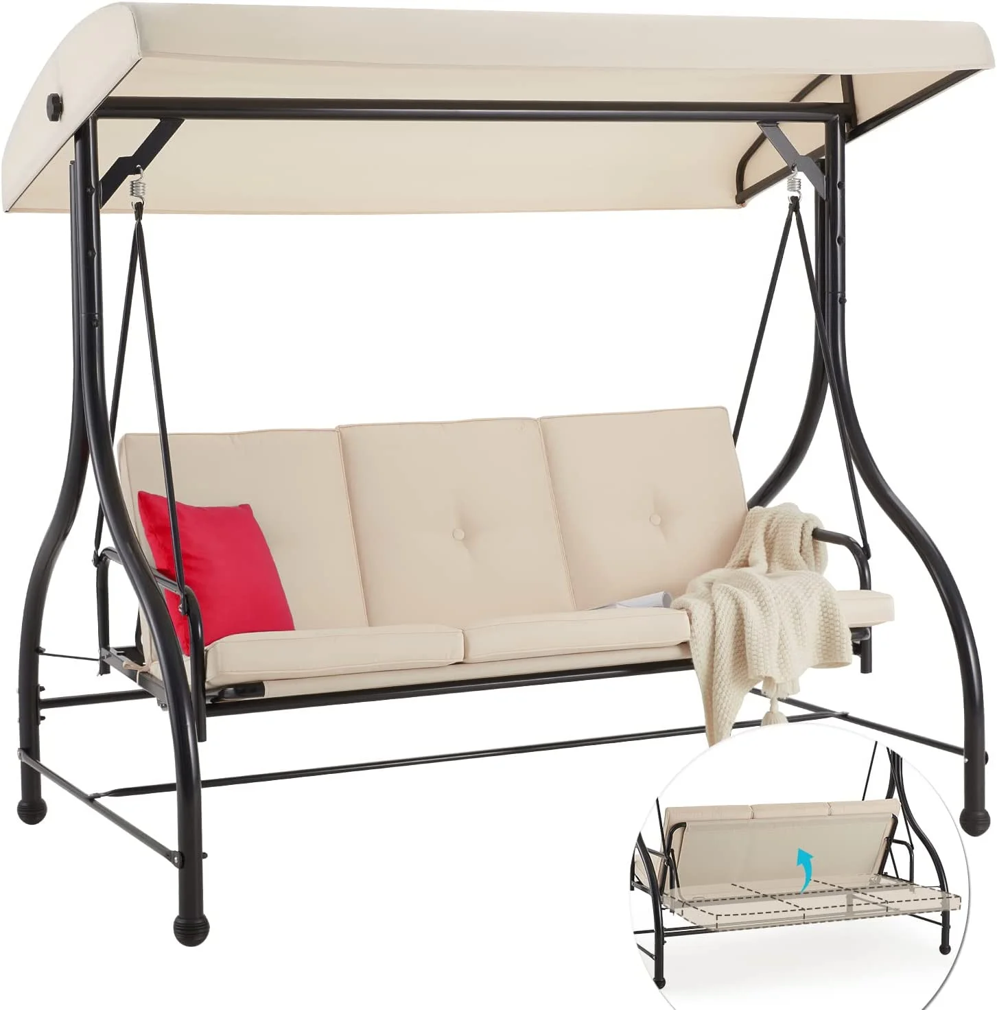 AECOJOY 3 Person Canopy Steel Porch Swing, Converting Swing Glider Hammock-Beige - Image 10