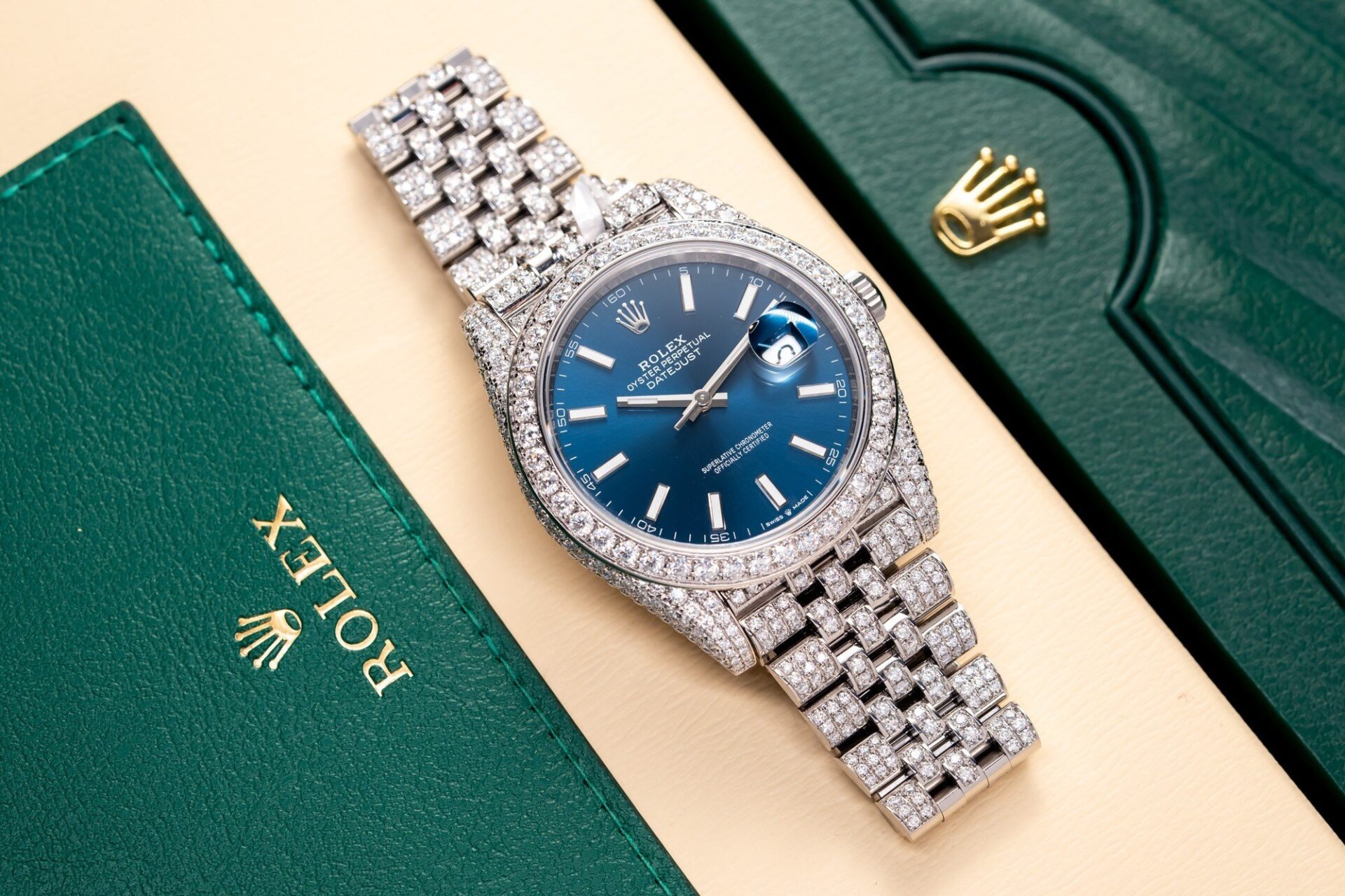 Rolex DateJust 126334 Replica Watch Blue Dial Full Diamond Moissanite 41mm - Elite Watch Atelier