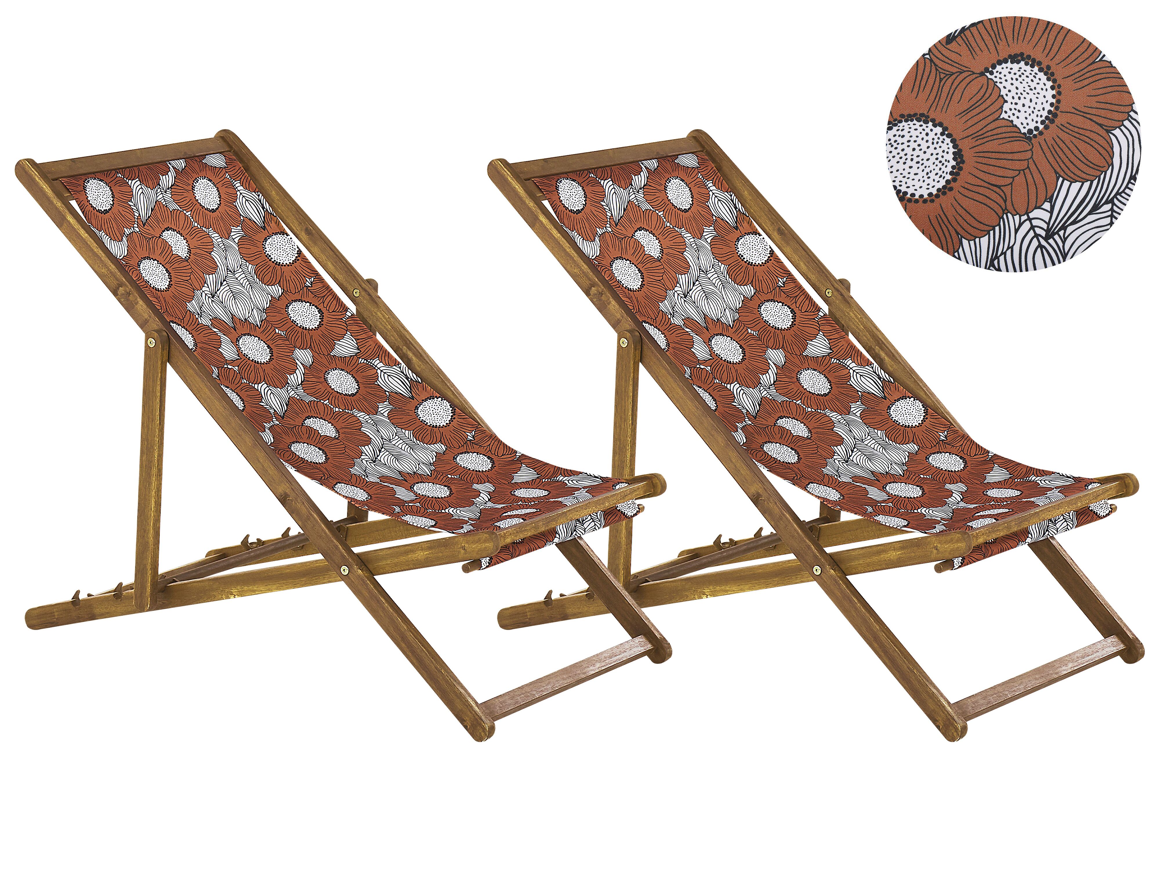 Set of 2 Folding Deck Chairs ANZIO with Replacement Fabrics Floral Motif Acacia Wood Light Brown