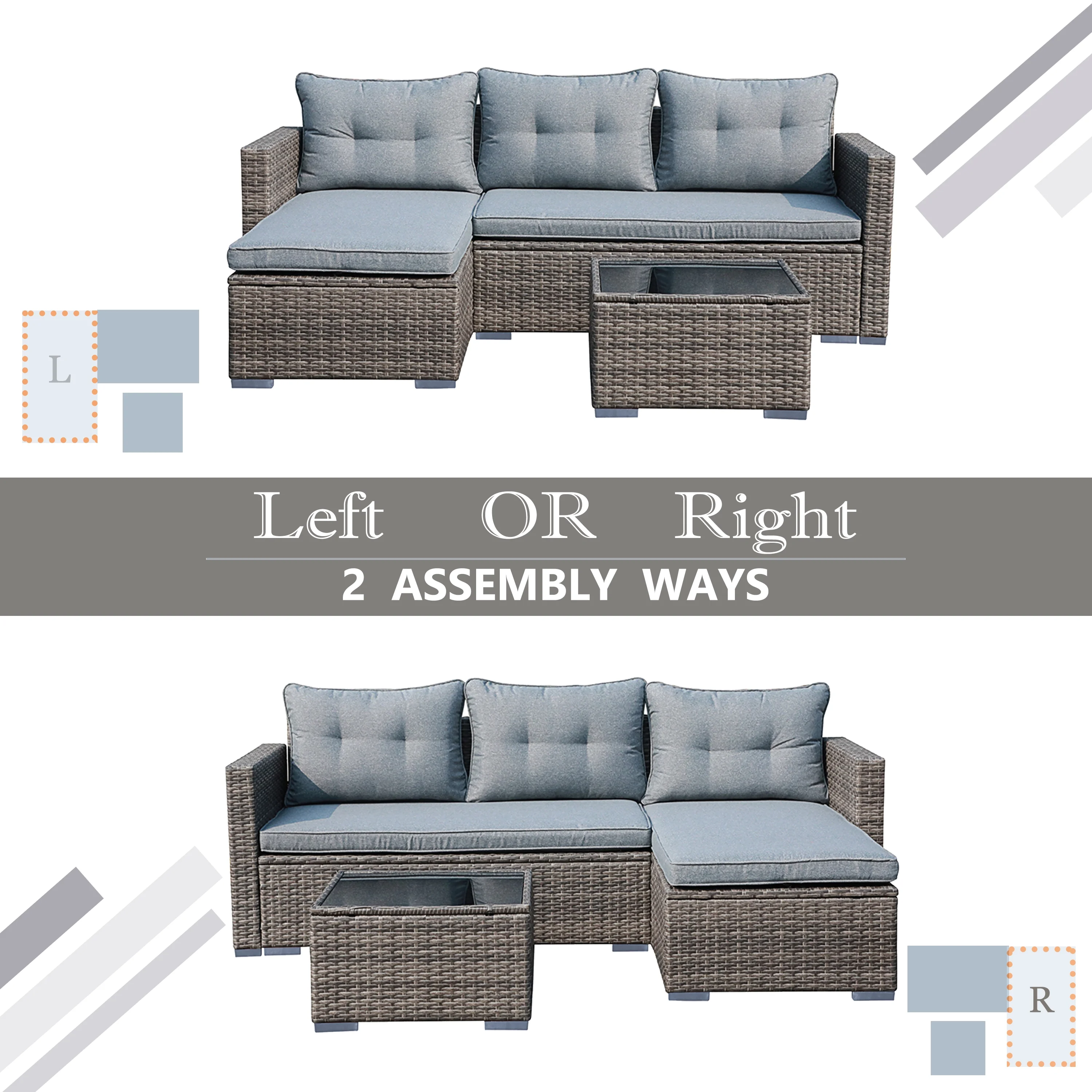 JOIVI 3 Pieces Patio Conversation Set, PE Wicker Rattan Outdoor Furniture Set, 2 Ways Small Sectional Sofa, Tempered Glass Coffee Table, Silver-Gray - Image 2