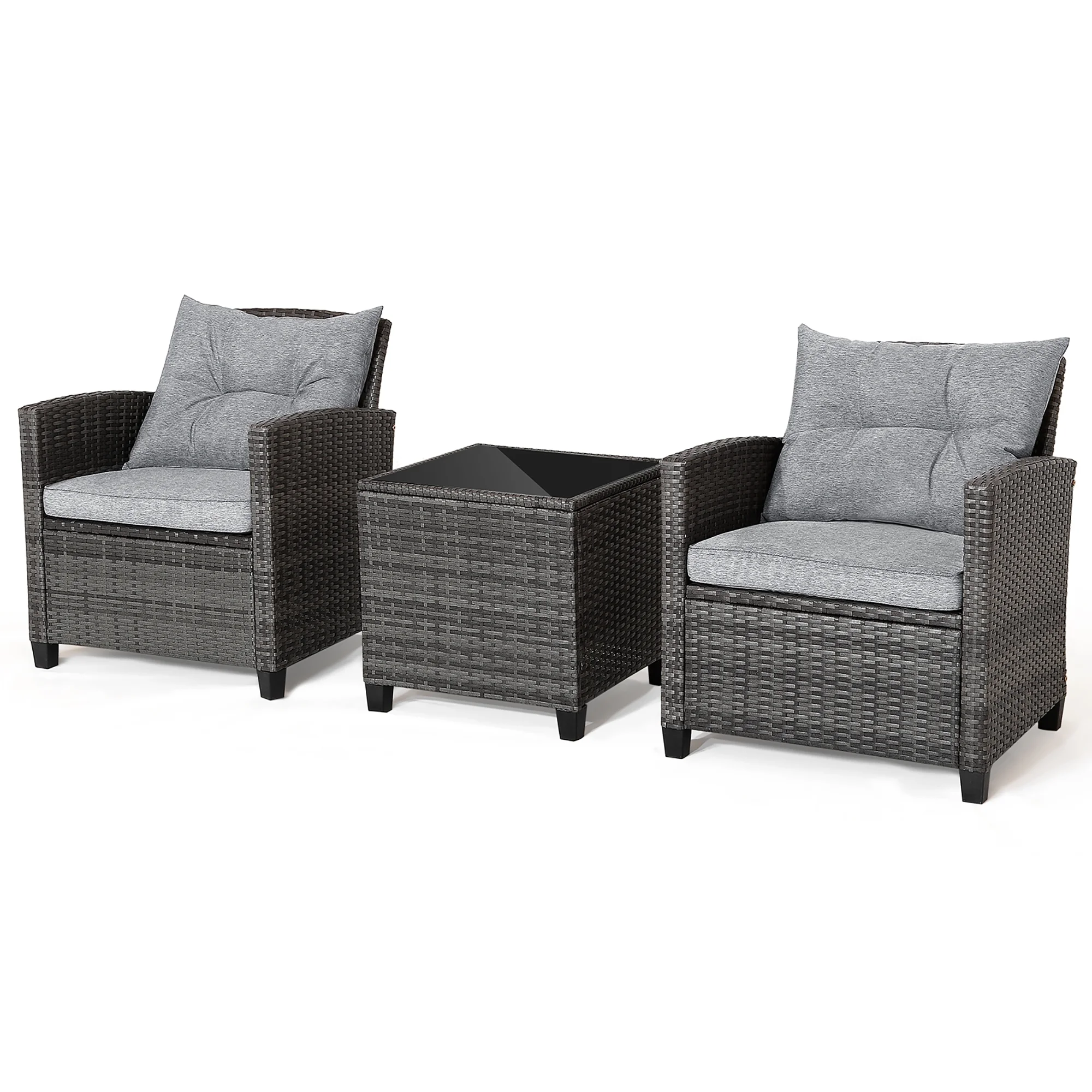 Gymax 3PCS Patio Rattan Sofa Set Outdoor Wicker Conversation Set Glass Tabletop w/ Grey Cushion - Image 9