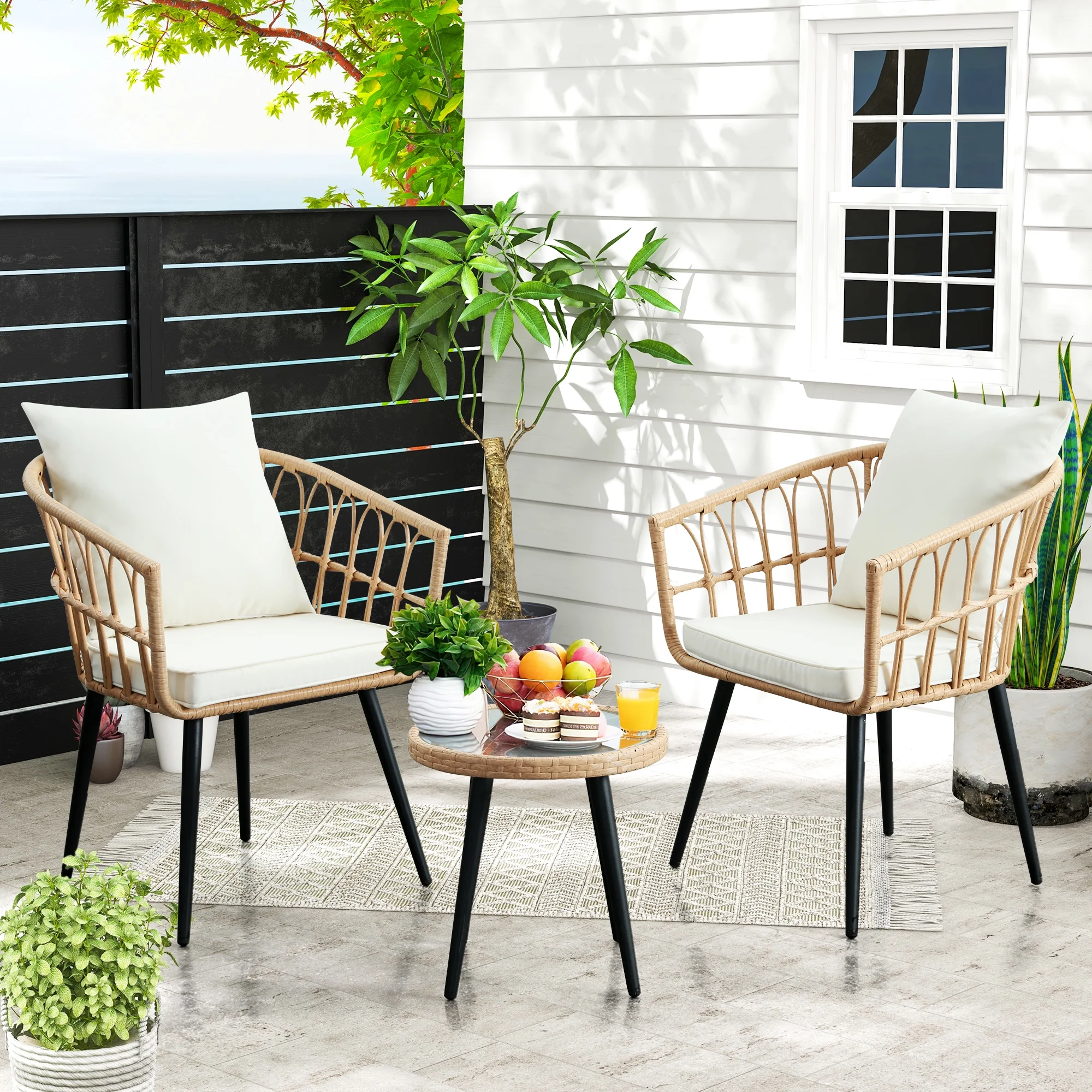 FHFO 3 Piece Patio Bistro Set, Outdoor Wicker Apartment Balcony Furniture Sets, Rattan Table and Chairs Set of 2 for Porch Backyard Lawn Poolside Deck, Beige - Image 9