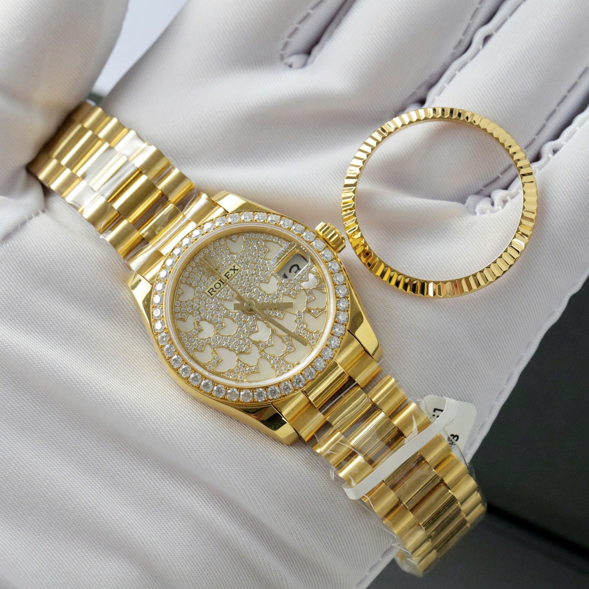 Rolex DateJust Butterfly Dial Custom Gold Wrapped 18K + Diamonds Moissanite 31mm - Elite Watch Atelier