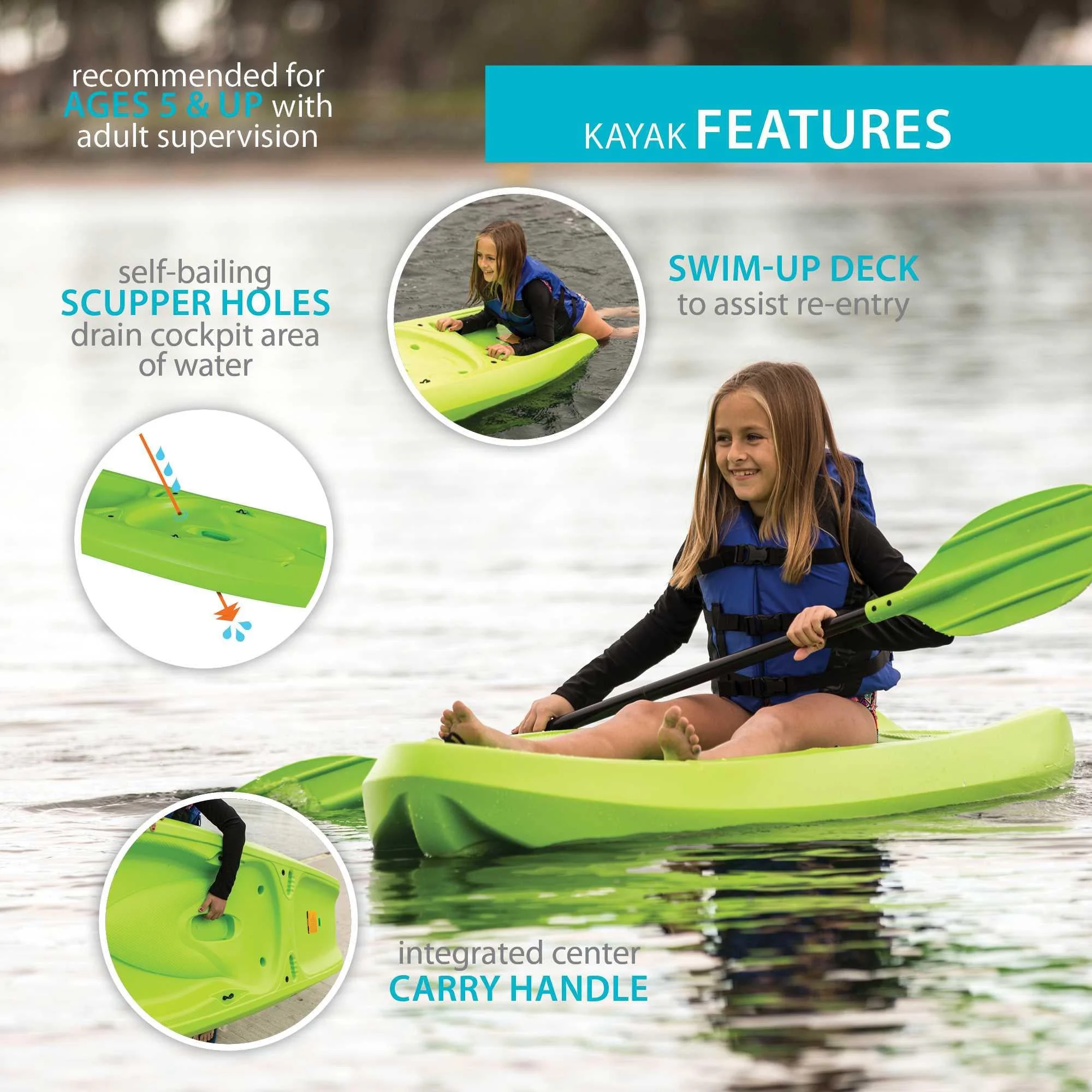 Lifetime Recruit 6.5 ft Youth Sit-on-Top Kayak, Lime Green (90765) - Image 8