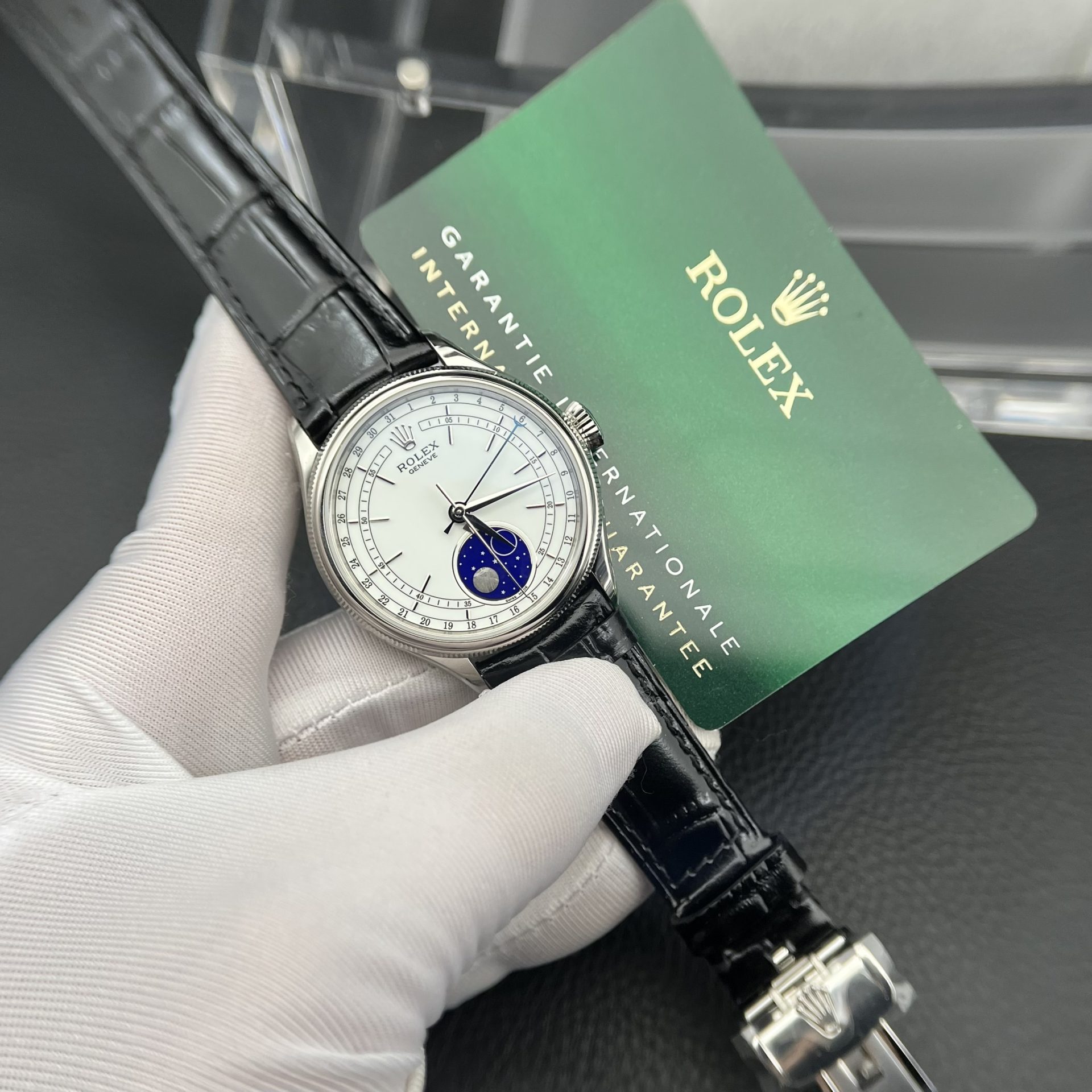 Rolex Moonphase 50535 Replica Watch Black Leather Strap 39mm - Elite Watch Atelier