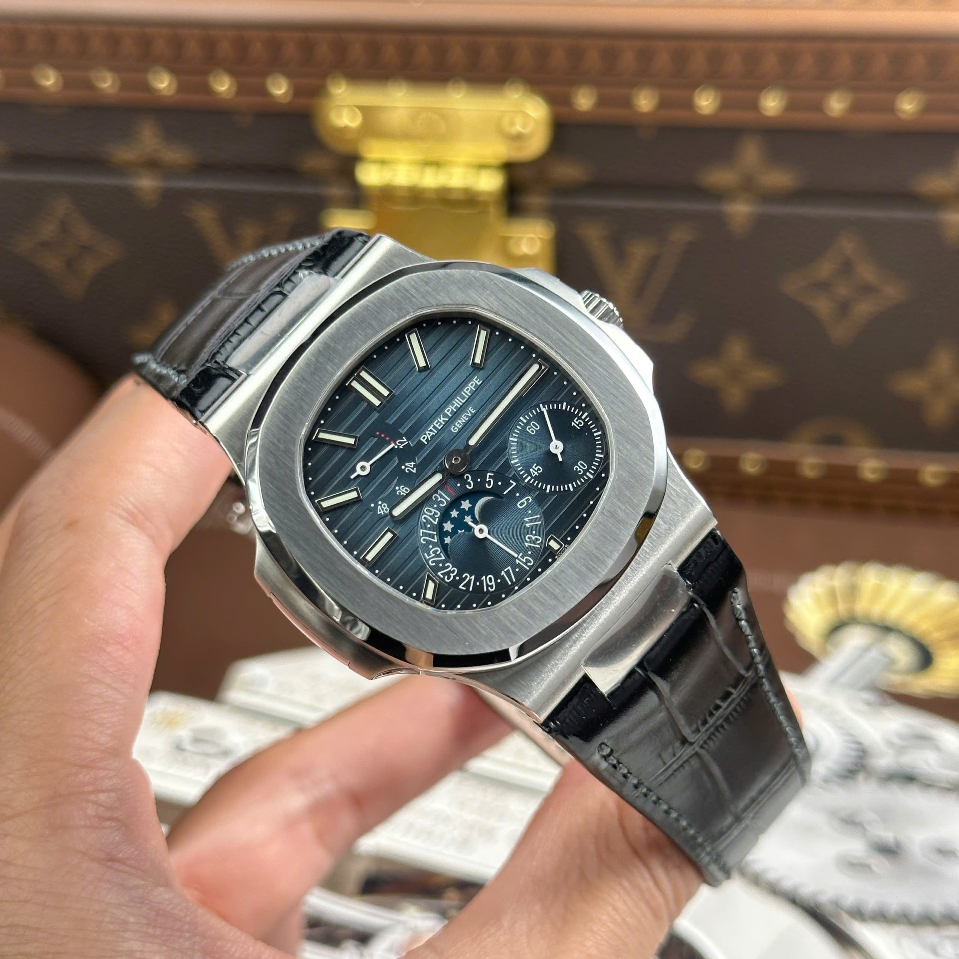 Patek Philippe Nautilus 5712 Copies Watches Blue Dial Leather Strap PPF Factory Version 3 40mm - Elite Watch Atelier